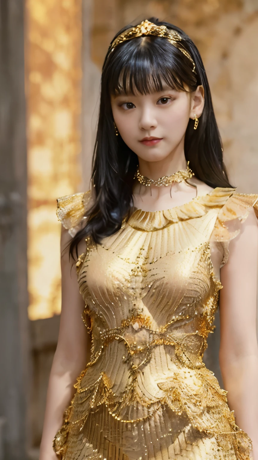 black hair, Surrealism, 8k, super detail, UHD, masterpiece, ccurate, anatomically correct, textured skin, super detail, high details, high quality, best quality, 8k，Beautiful woman，(golden dress:1.5)，Glittering costumes，Princess，western castle