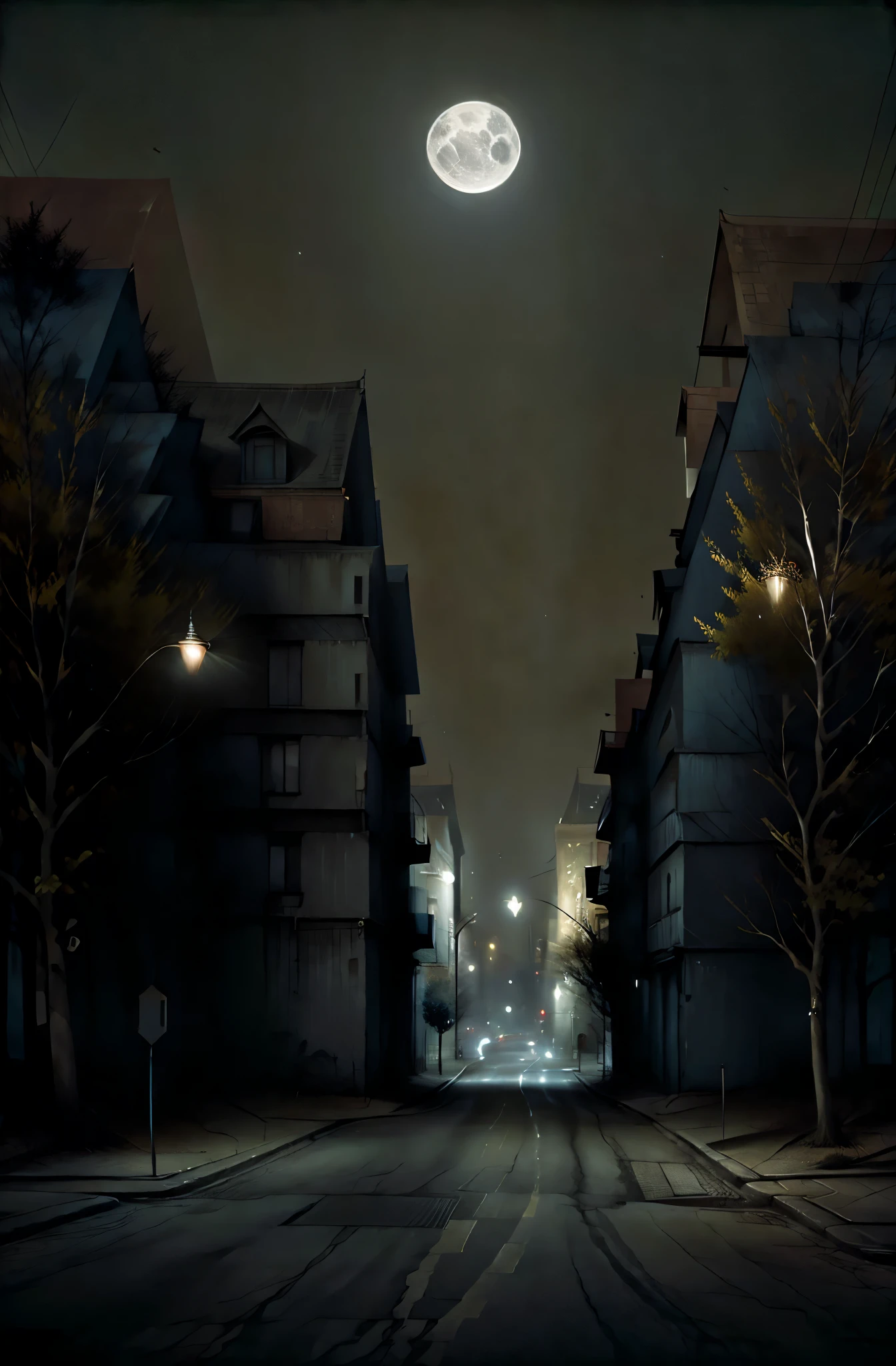 An empty street in a big city at night