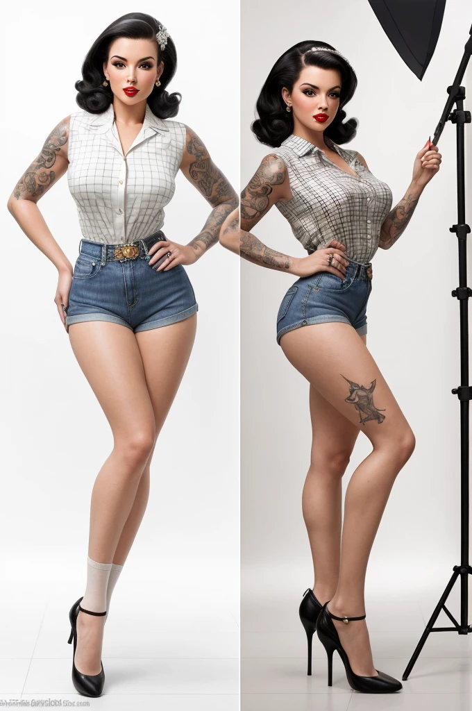 Detailed, realistic depictions of an exuberant 22-year-old woman radiating a distinctive pin-up style. Straight black hair. Transparent sandals with transparent stiletto heels, red top and small, light denim shorts. Full body photography. Very sexy facial expression. Half-back pose, extremely sexy. realist. Although the classic features are present, the pin-up talent is undeniable. Artistic tattoos add a contemporary touch. Their postures and expressions, combined with their pin-up looks, create a fusion between classic vintage and contemporary. White photo studio background, hot session. ultra-realistic photography.