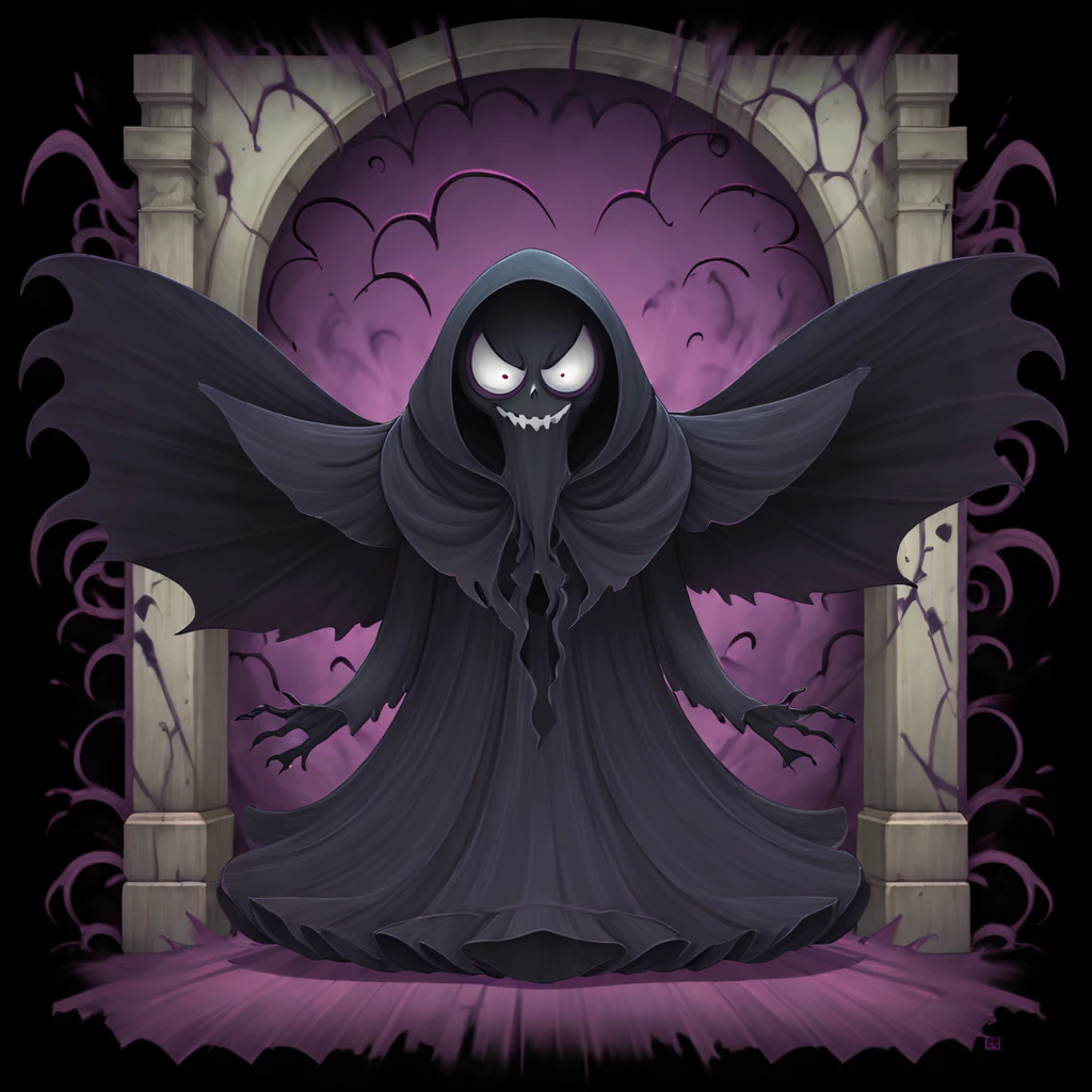 Ebony black ghost with large scary eyes coming out of a graffiti wall spreading sleeping gas, in card art style
