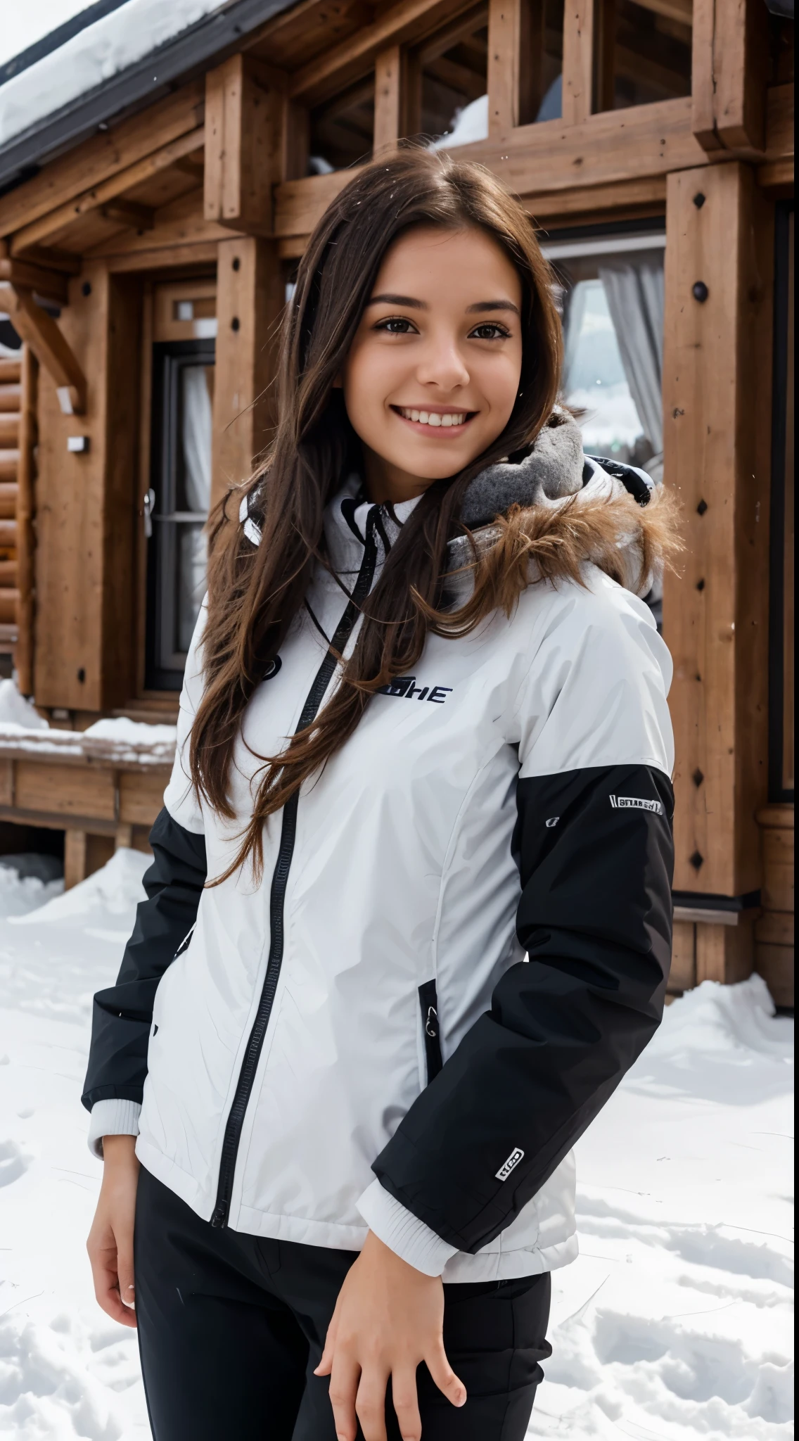 young woman with dark brown hair, smiling , attached hair, tied hair, nice ski shuit white and black, taking a posein front of a chalet, chalet of a ski resort, detailed outside chalet, looking in the air