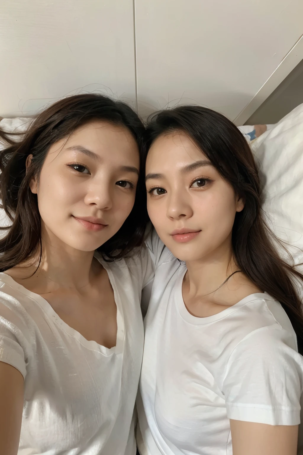 two Hong Kong female close friends, 30 years old, slim, hug, sleeping in bed together, look at camera, closeup photo, knit white t shirt, friends, hyper realistic, beautiful face, beautiful body