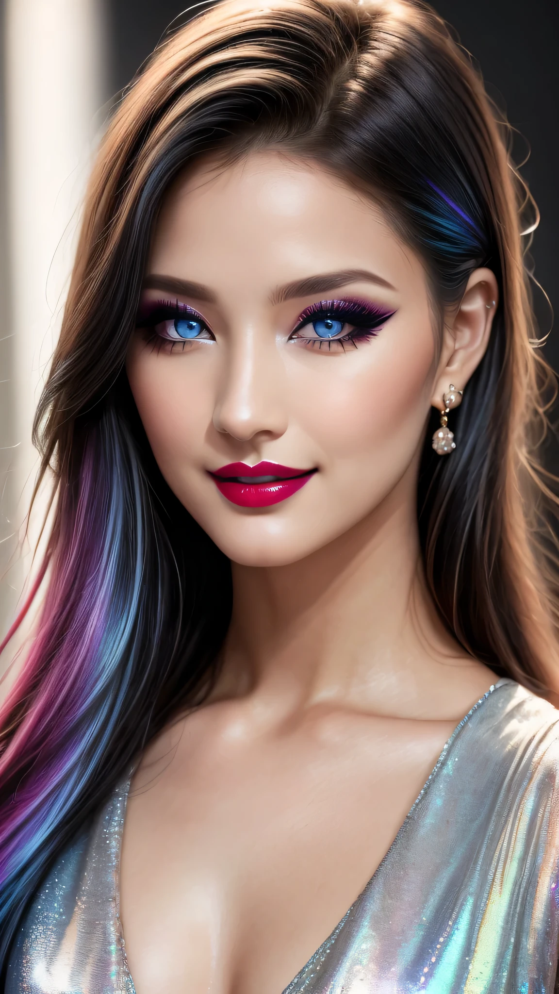 Ultra-realistic movie master pie with ultra-detailed primetime portraits, high quality, 8K, table top, Ultra HD), 1 girl 25 years old、fashion supermodel, ((Random style and color hair)), masterpiece, high quality, high quality, High resolution、(close up of face), black_mascara put in Long eyelashes:1.5, dark (eyesshadows:1.35), (Glossy) red_lips:1.24, [[blue_eyes]], (iridescent eyes), vibrant eyes:1.2, contrast, light shot:1.2, (seductive smile), ((makeup cheeks flushed))