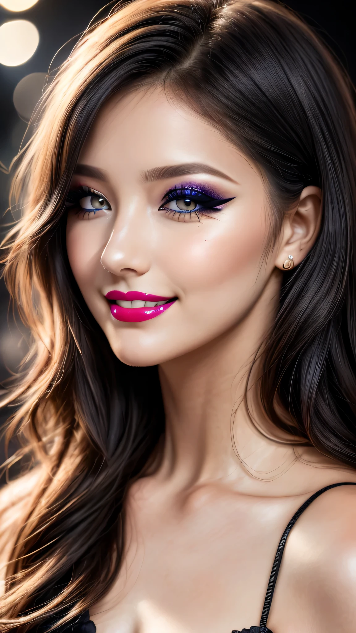 Ultra-realistic movie master pie with ultra-detailed primetime portraits, high quality, 8K, table top, Ultra HD), 1 girl 25 years old、fashion supermodel, ((Random style and color hair)), masterpiece, high quality, high quality, High resolution、(close up of face), black_mascara put in Long eyelashes:1.5, dark (eyesshadows:1.35), (Glossy) red_lips:1.24, [[blue_eyes]], (iridescent eyes), vibrant eyes:1.2, contrast, light shot:1.2, (seductive smile), ((makeup cheeks flushed))