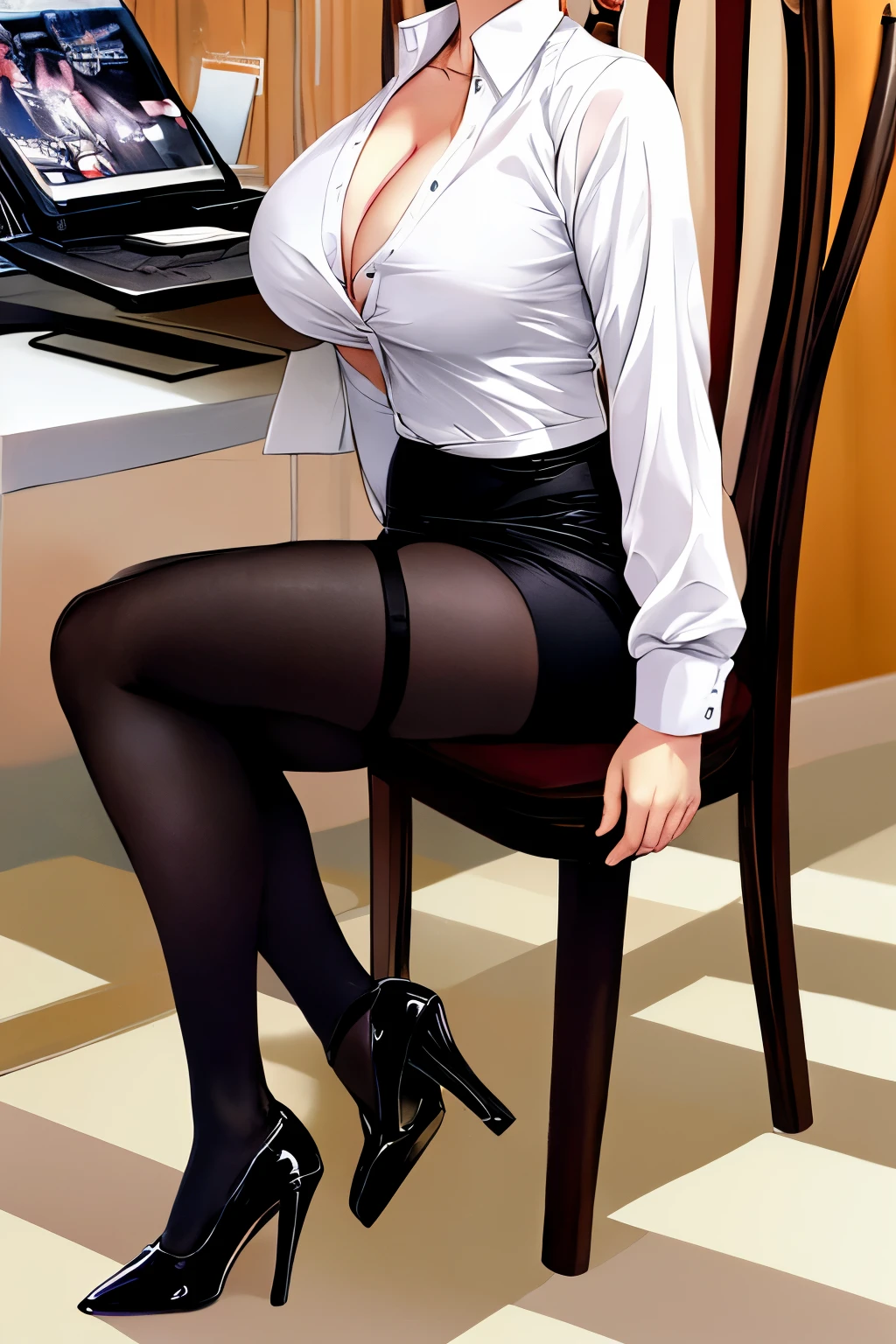 Highly detailed, High Quality, Masterpiece, beautiful, DisembodiedHead, 1girl, solo,  headless, adult, cleavage, white shirt, mini skirt, pencil skirt, black pantyhose, black stocking, black tights, high heels, sitting, office, chair, 