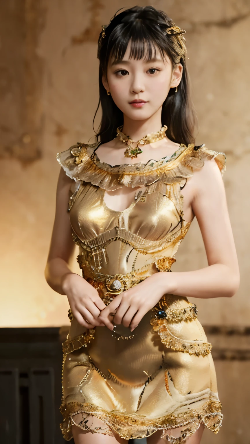 black hair, Surrealism, 8k, super detail, UHD, masterpiece, ccurate, anatomically correct, textured skin, super detail, high details, high quality, best quality, 8k，Beautiful woman，(golden dress:1.5)，Glittering costumes，Princess，western castle