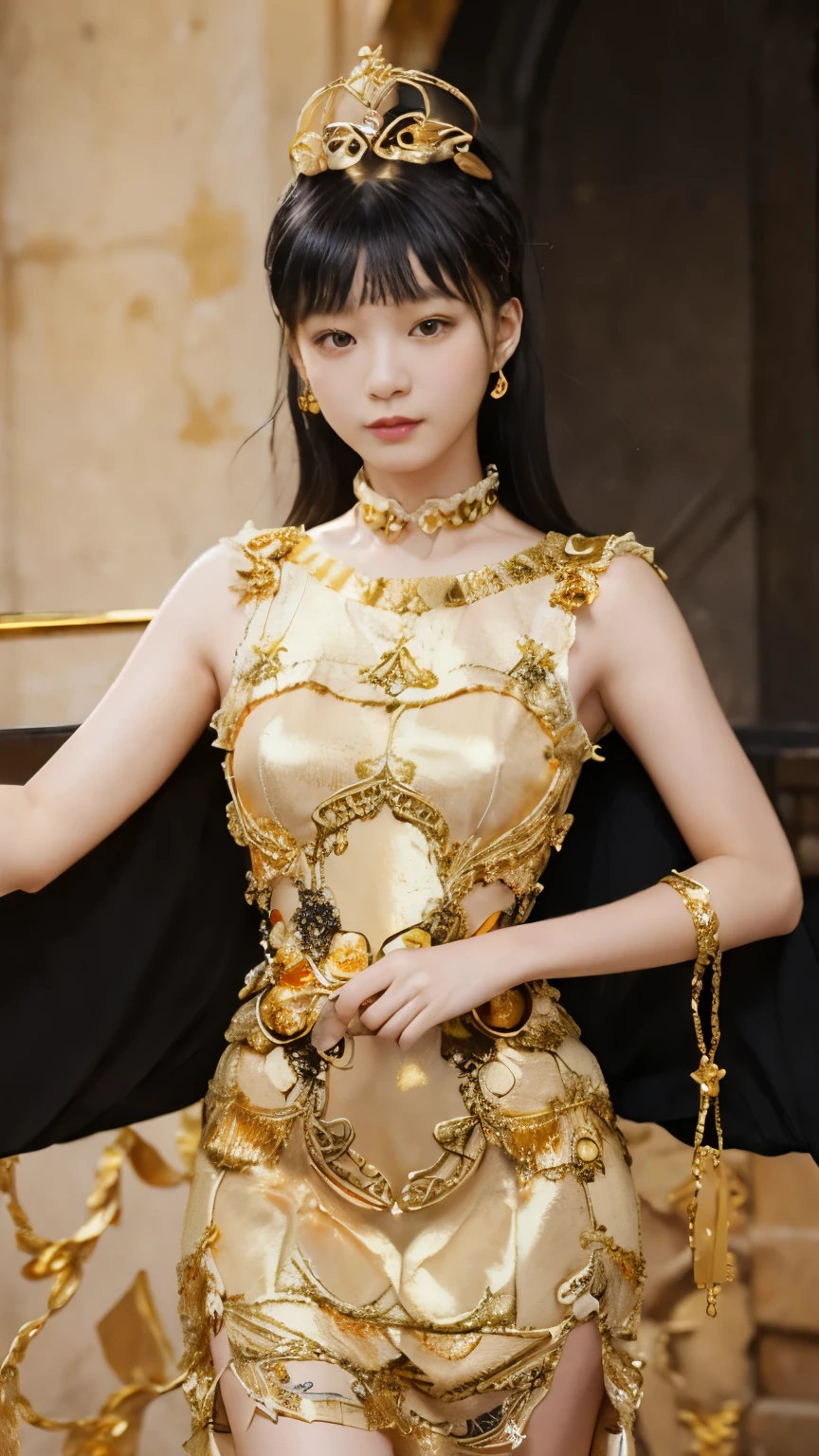 black hair, Surrealism, 8k, super detail, UHD, masterpiece, ccurate, anatomically correct, textured skin, super detail, high details, high quality, best quality, 8k，Beautiful woman，(golden dress:1.5)，Glittering costumes，Princess，western castle