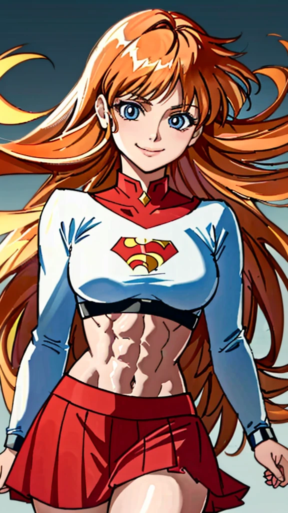 Powergirl Photo Portrait Colorful, realistic round eyes、Dreamy and magical atmosphere、Superheroine costumes、Superman logo on chest、(Feminine abs)、( shining skin、high gloss skin、Constriction、Professional lighting)、(Red short skirt), anime smirk