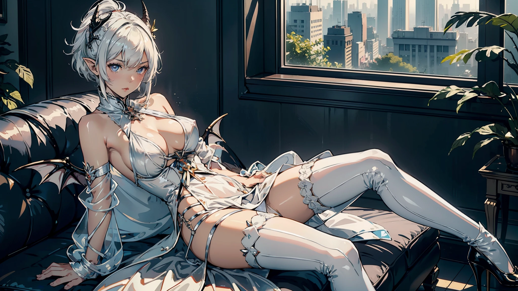 1 girl, solo, pointy ears，White color hair，Bigboobs，Two legs（Princess cut hairstyle），short detailed hair，Sideburns have long hair，succubi，have demon wings，high heels, upper legs，see-through raincoat，Waistless tights, （（（tmasterpiece），（Very detailed CG unified 8k wallpaper），Best quality，电影灯光，detailed back ground，beautidful eyeright pupils，（very delicate beautiful），（Beautiful and detailed eyes description），ultra - detailed，tmasterpiece，））, sitting on a sofa in the bedroom, 