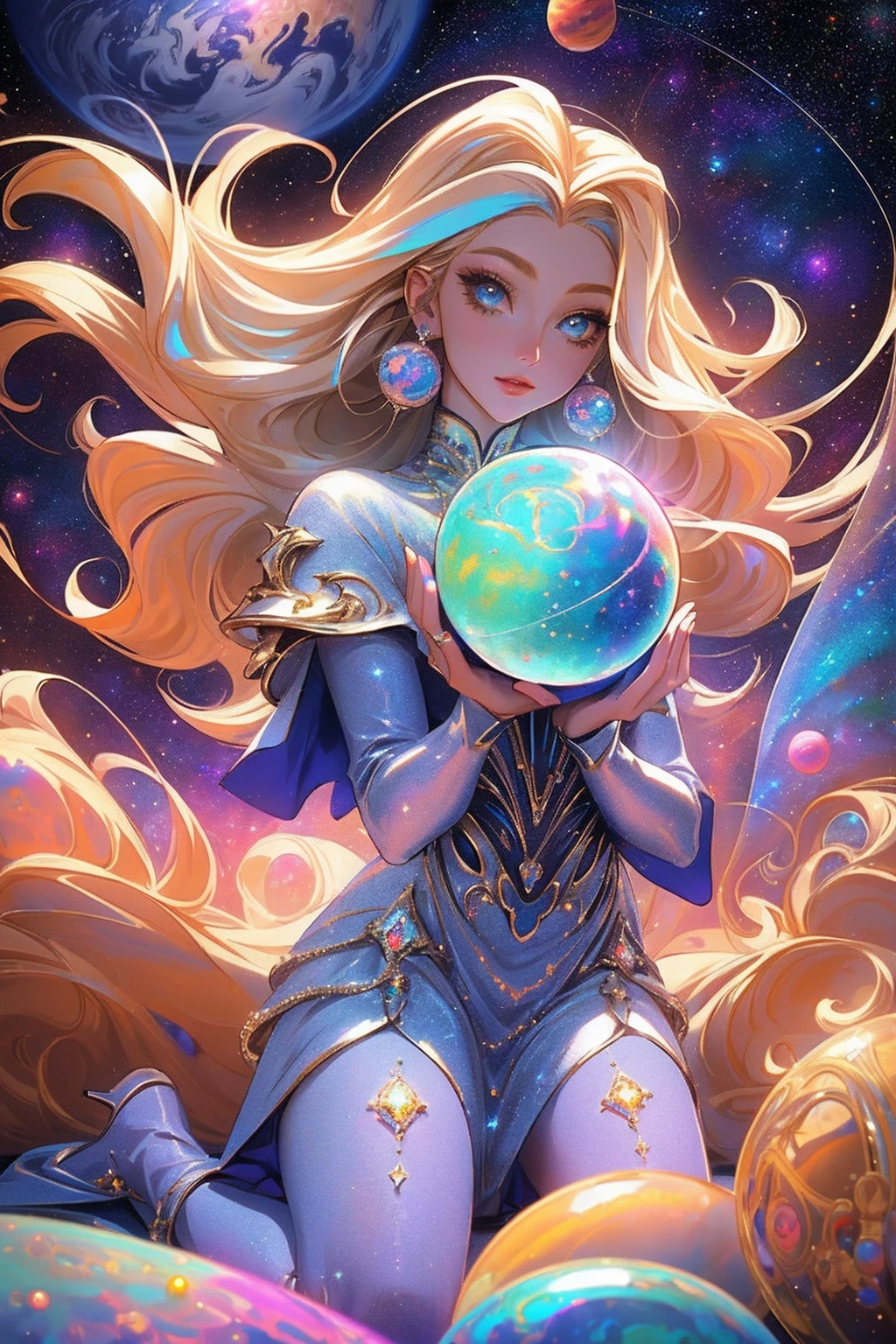 {-erro_de_anatomia:1.0} masterpiece, highest quality, (perfect face:1.1, (high detail)1.1, sweet stardust vampire , long blonde hair, opal eyes, perfectly drawn face, colorful space dress, planets detailed background, prismatic lighting, glitter, whole body. Very sexy, kneeling holding a venus planet in her hands