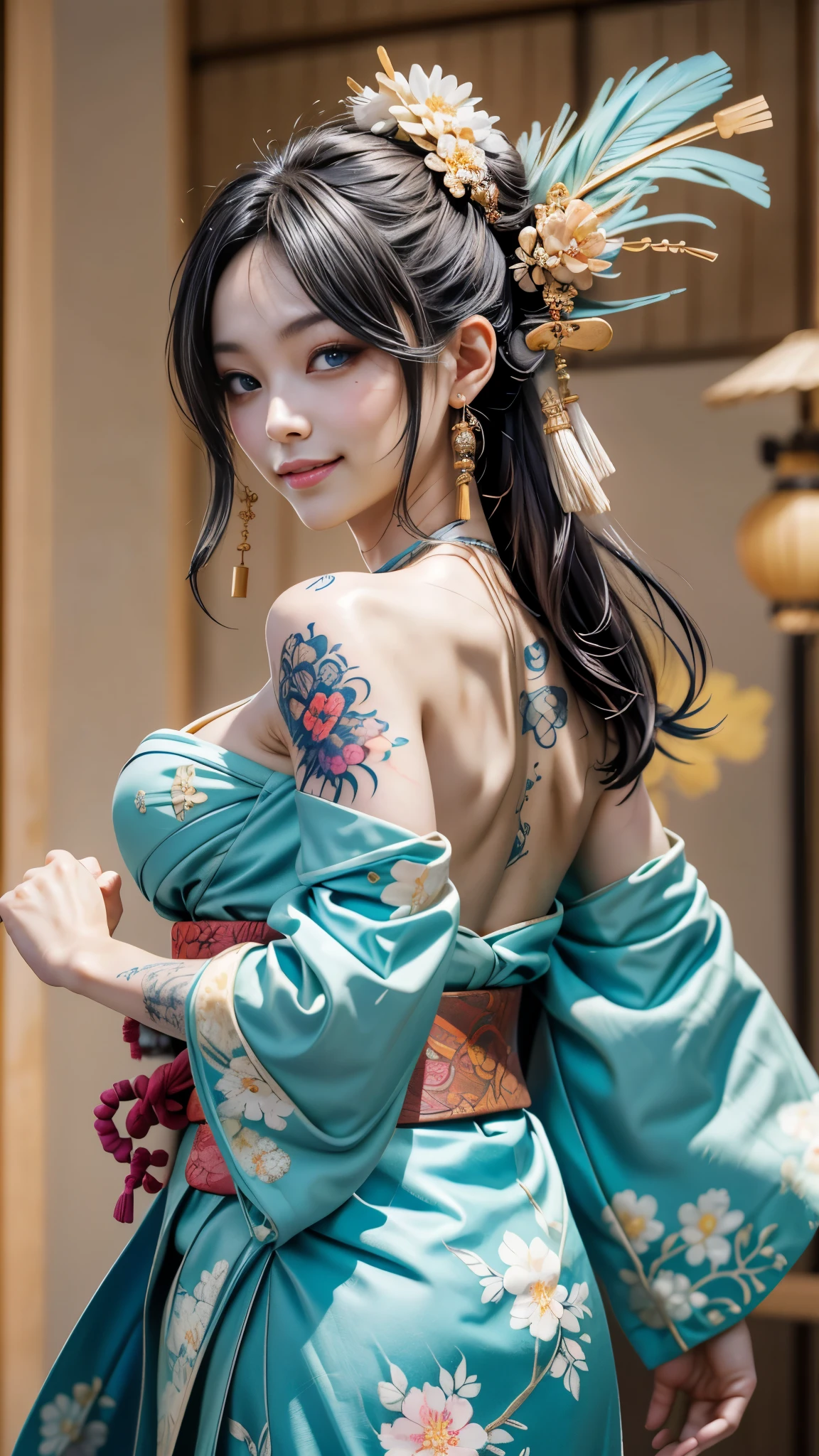 一个18歲美麗漂亮of女孩,Dark brown short hair。naked,breast enlargement,Small waist,苗條of身材。toothy smile,naked , , 可爱of笑容, 漂亮of脸蛋, blue eyes, flower hairpin, Off Shoulder Ukiyoe Tattoo, of, hold with hand, catch, Skin is very bright, Korean idol makeup, (Japanese Ukiyoe Half Scapula Tattoo), looking at the audience, Japanese kimono, white kimono, Chest open cloth, 巨大of:1.1, 完美of巨大breast enlargement, 最好of质量, Super detailed, 超细节of脸, 详细of脸: 1.2, round chest, Ukiyo-e tattoo style, Ukiyoe tattoo, Ukiyoe tattoo