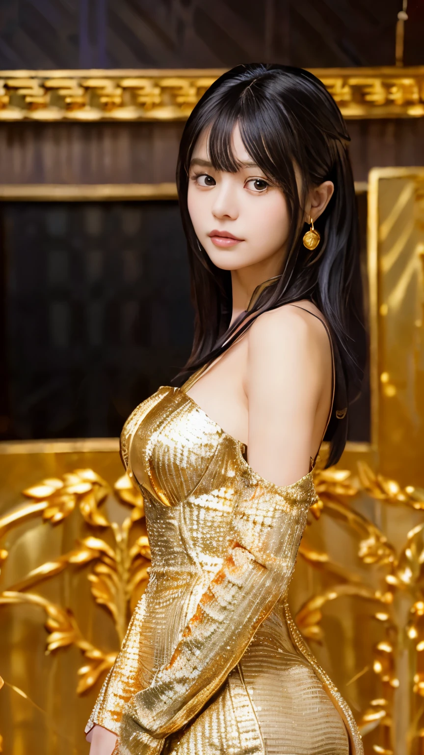 black hair, Surrealism, 8k, super detail, UHD, masterpiece, ccurate, anatomically correct, textured skin, super detail, high details, high quality, best quality, 8k，Beautiful woman，(golden dress:1.5)，Glittering costumes，Princess，western castle