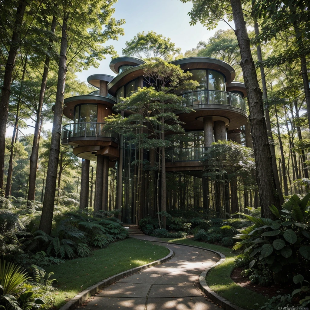 Illustrate a futuristic forest landscape with winding paths and futuristic tree houses. Design a scene that combines the organic beauty of a forest with the sleek aesthetic of futuristic architecture. Incorporate lush vegetation, meandering paths, and imaginative tree houses integrated seamlessly into the natural surroundings. Use a blend of vibrant colors and unique design elements to create a visually captivating and harmonious fusion of nature and futuristic living