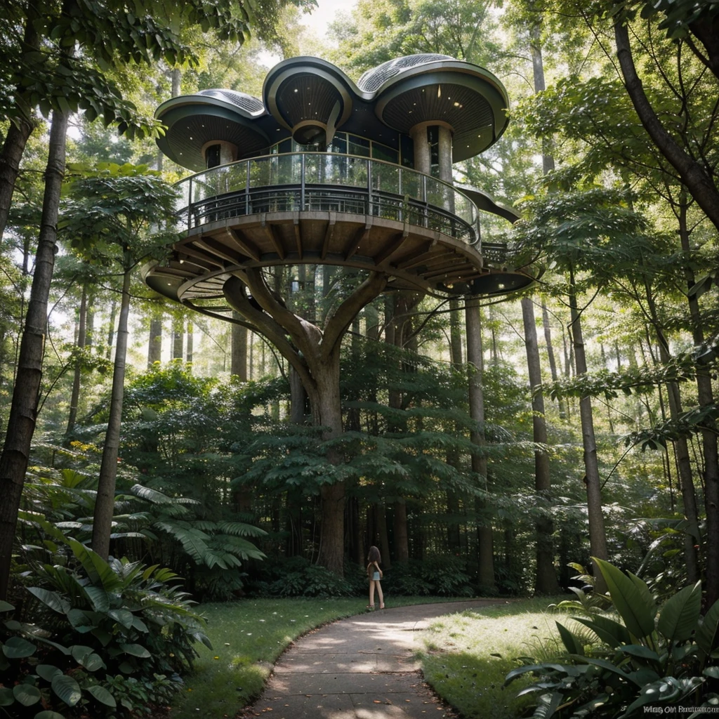 Illustrate a futuristic forest landscape with winding paths and futuristic tree houses. Design a scene that combines the organic beauty of a forest with the sleek aesthetic of futuristic architecture. Incorporate lush vegetation, meandering paths, and imaginative tree houses integrated seamlessly into the natural surroundings. Use a blend of vibrant colors and unique design elements to create a visually captivating and harmonious fusion of nature and futuristic living