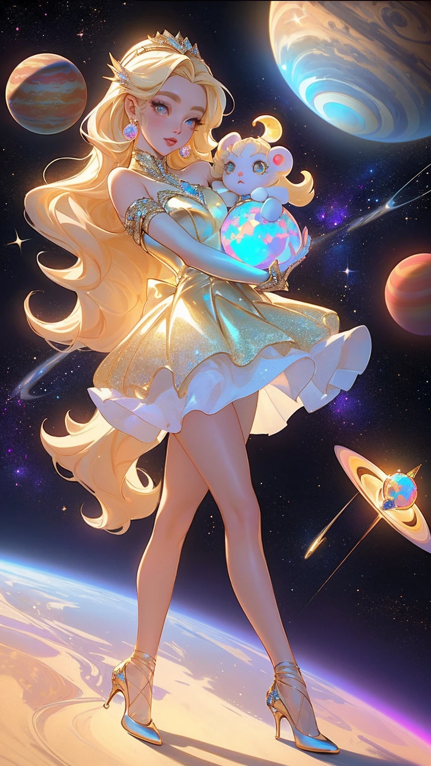 {-erro_de_anatomia:1.0} masterpiece, highest quality, (perfect face:1.1, (high detail)1.1, sweet stardust vampire , long blonde hair, opal eyes, perfectly drawn face, colorful space dress, planets detailed background, prismatic lighting, glitter, whole body, backwards, Looking back. Very sexy, with chin resting on shoulder,  holding a Venus planet in her hands