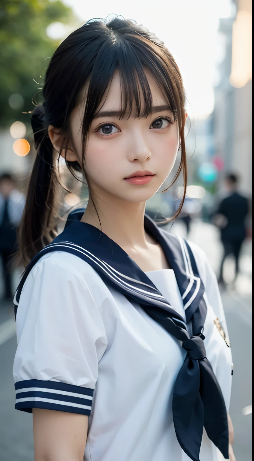 (masterpiece, highest quality:1.2), 8K, official art, RAW photo, incredibly absurd, (Upper body, sailor suit, serafuku:1.4), beautiful girl, cute face, arch back, (navy pleated skirt:1.1), close, school uniform, short sleeve, gardenia, violaces, Ten generations, street, looking at the viewer, no makeup, film grain, chromatic aberration, sharp focus, face light, dynamic lighting, cinematic lighting, detailed eyes and face, background bokeh