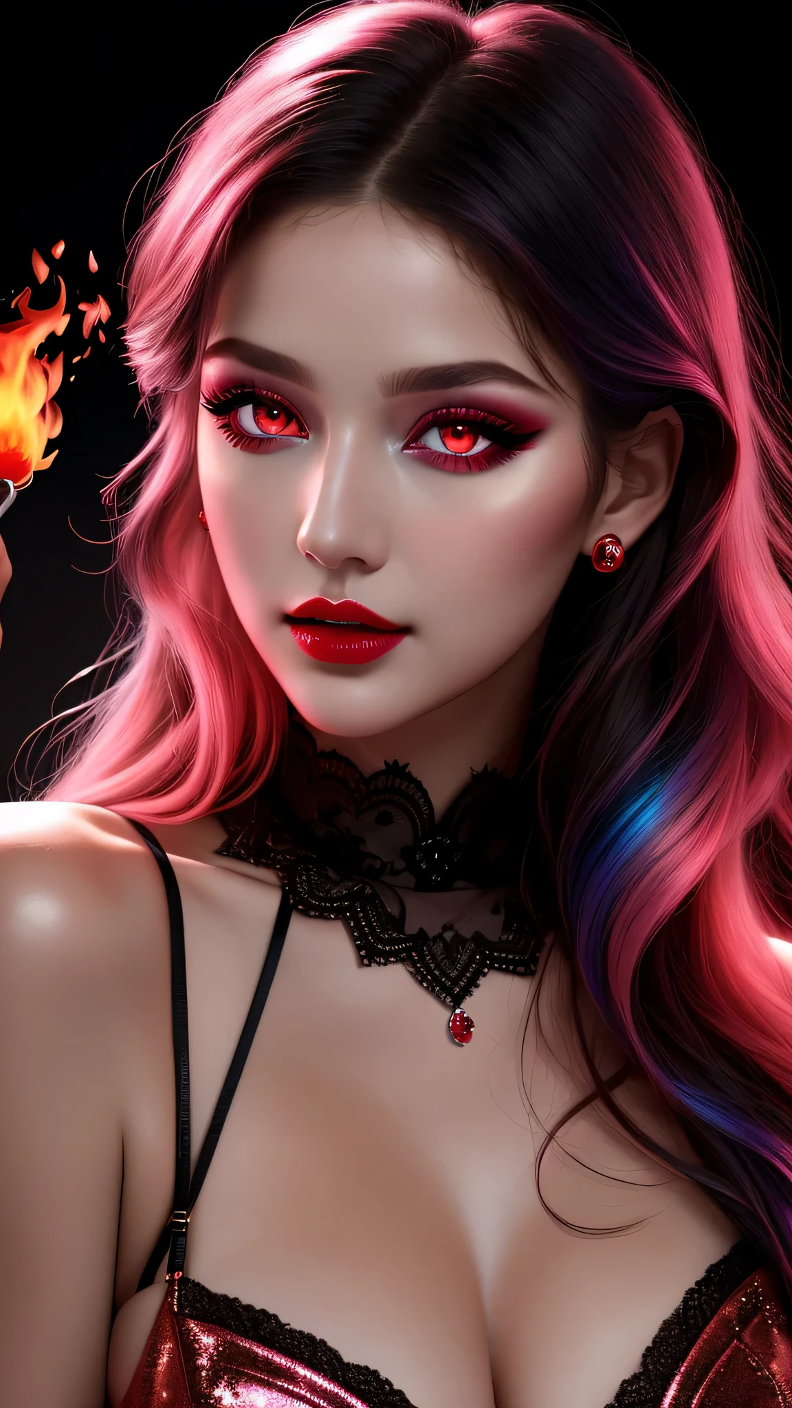 Ultra-realistic movie master pie with ultra-detailed primetime portraits, high quality, 8K, table top, Ultra HD), 1 girl 25 years old、fashion supermodel, ((Random style and color hair)), masterpiece, high quality, high quality, High resolution、(close up of face), black_mascara put in Long eyelashes:1.5, dark (eyesshadows:1.25), (Glossy) red_lips:1.2, glowing ((flaming_eyes)), iridescent eyes, vibrant eyes:1.2, high contrast, pink shot:1.175