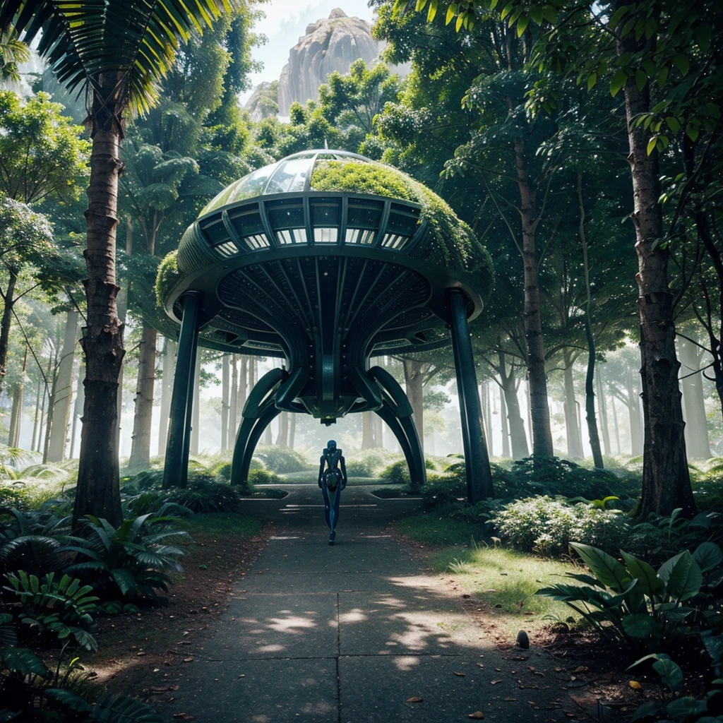 Illustrate a futuristic alien landscape reminiscent of Avatar, with lush greenery during daylight, and include imaginative alien creatures. Design a scene with unique flora and fauna, showcasing alien plants and animals coexisting in harmony. Use vibrant green tones for the environment, and bring the alien creatures to life with distinctive features. Enhance the atmosphere with a combination of natural and artificial lighting to create a visually captivating and dynamic futuristic alien world