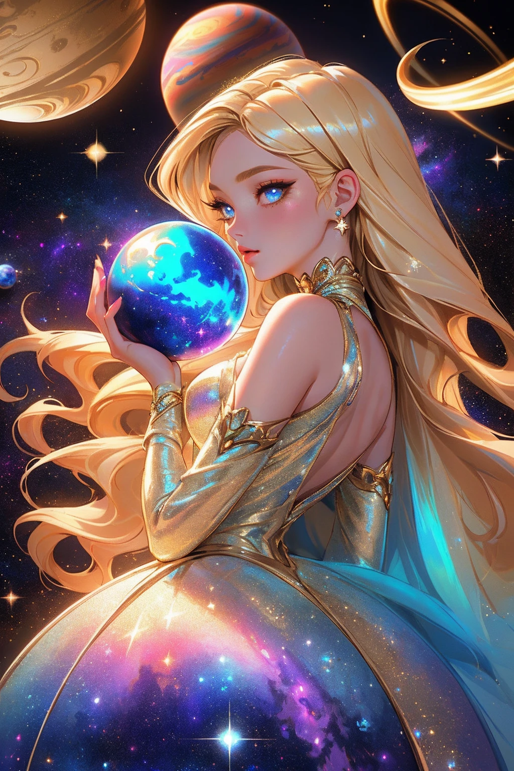 {-erro_de_anatomia:1.0} masterpiece, highest quality, (perfect face:1.1, (high detail)1.1, sweet stardust vampire , long blonde hair, opal eyes, perfectly drawn face, colorful space dress, planets detailed background, prismatic lighting, glitter, whole body, backwards, Looking back. Very sexy, with chin resting on shoulder,  holding a Venus planet in her hands