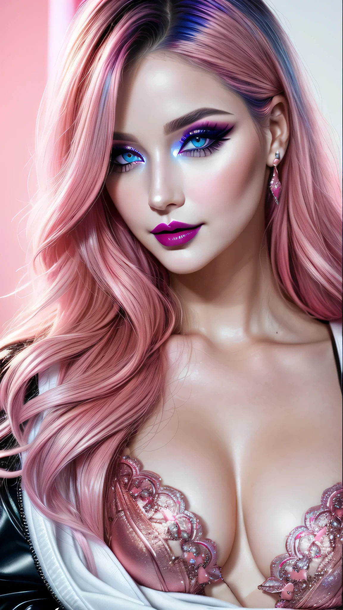 Ultra-realistic movie master pie with ultra-detailed primetime portraits, high quality, 8K, table top, Ultra HD), 1 girl 25 years old、fashion supermodel, ((Random style and color hair)), masterpiece, high quality, high quality, High resolution、(close up of face), black_mascara put in Long eyelashes:1.5, dark (eyesshadows:1.35), (Glossy) red_lips:1.24, [[blue_eyes]], (iridescent eyes), vibrant eyes:1.2, contrast, dark shot:1.25, (seductive smile), ((pink_makeup cheeks:1.2))