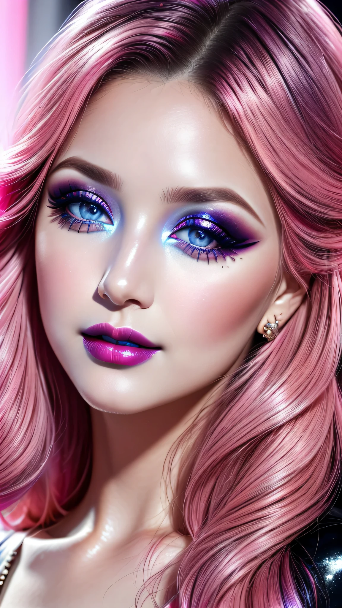 Ultra-realistic movie master pie with ultra-detailed primetime portraits, high quality, 8K, table top, Ultra HD), 1 girl 25 years old、fashion supermodel, ((Random style and color hair)), masterpiece, high quality, high quality, High resolution、(close up of face), black_mascara put in Long eyelashes:1.5, dark (eyesshadows:1.35), (Glossy) red_lips:1.24, [[blue_eyes]], (iridescent eyes), vibrant eyes:1.2, contrast, dark shot:1.25, (seductive smile), ((pink_makeup cheeks:1.2))