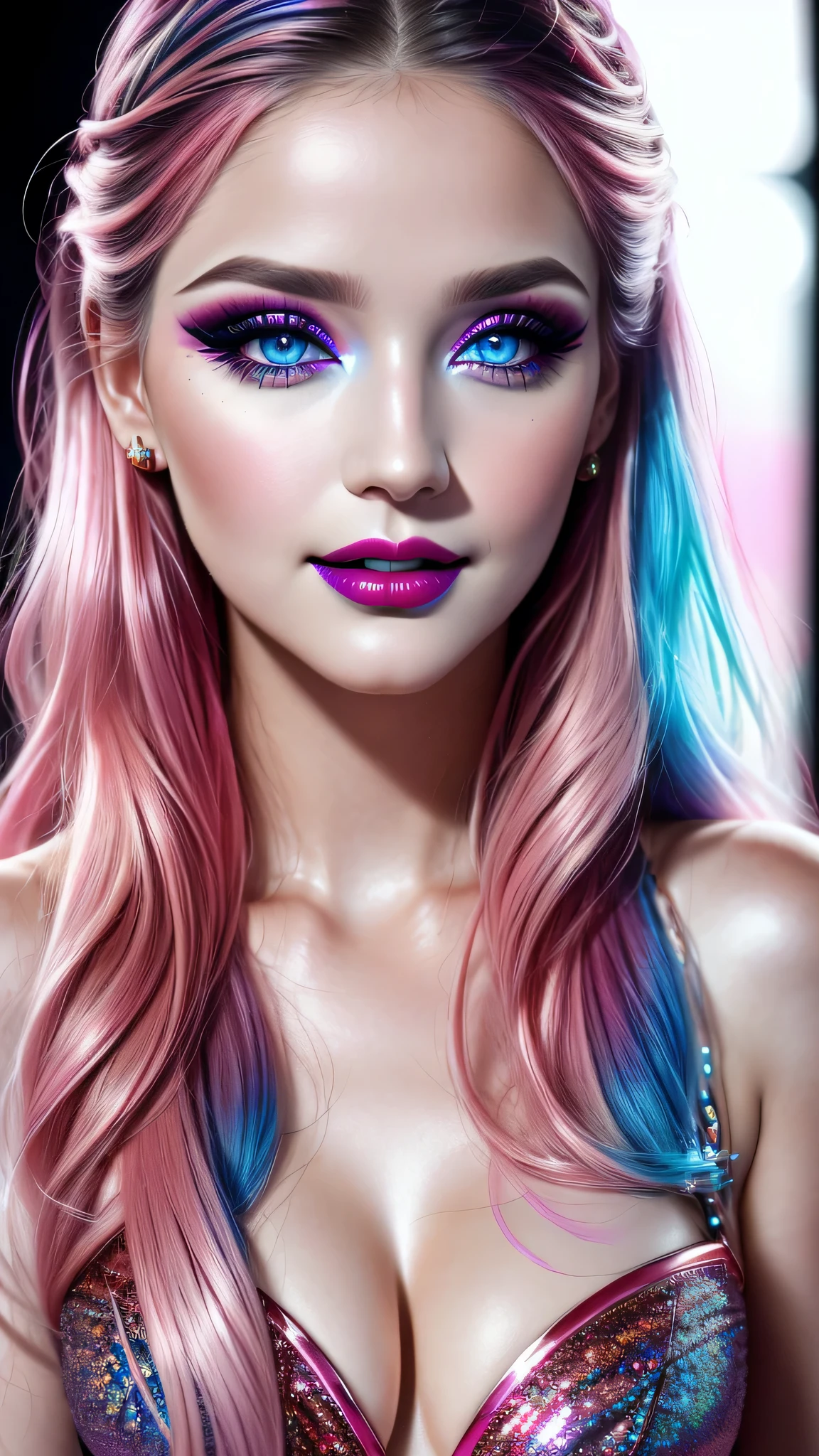 Ultra-realistic movie master pie with ultra-detailed primetime portraits, high quality, 8K, table top, Ultra HD), 1 girl 25 years old、fashion supermodel, ((Random style and color hair)), masterpiece, high quality, high quality, High resolution、(close up of face), black_mascara put in Long eyelashes:1.5, dark (eyesshadows:1.35), (Glossy) red_lips:1.24, [[blue_eyes]], (iridescent eyes), vibrant eyes:1.2, contrast, dark shot:1.25, (seductive smile), ((pink_makeup cheeks:1.2))