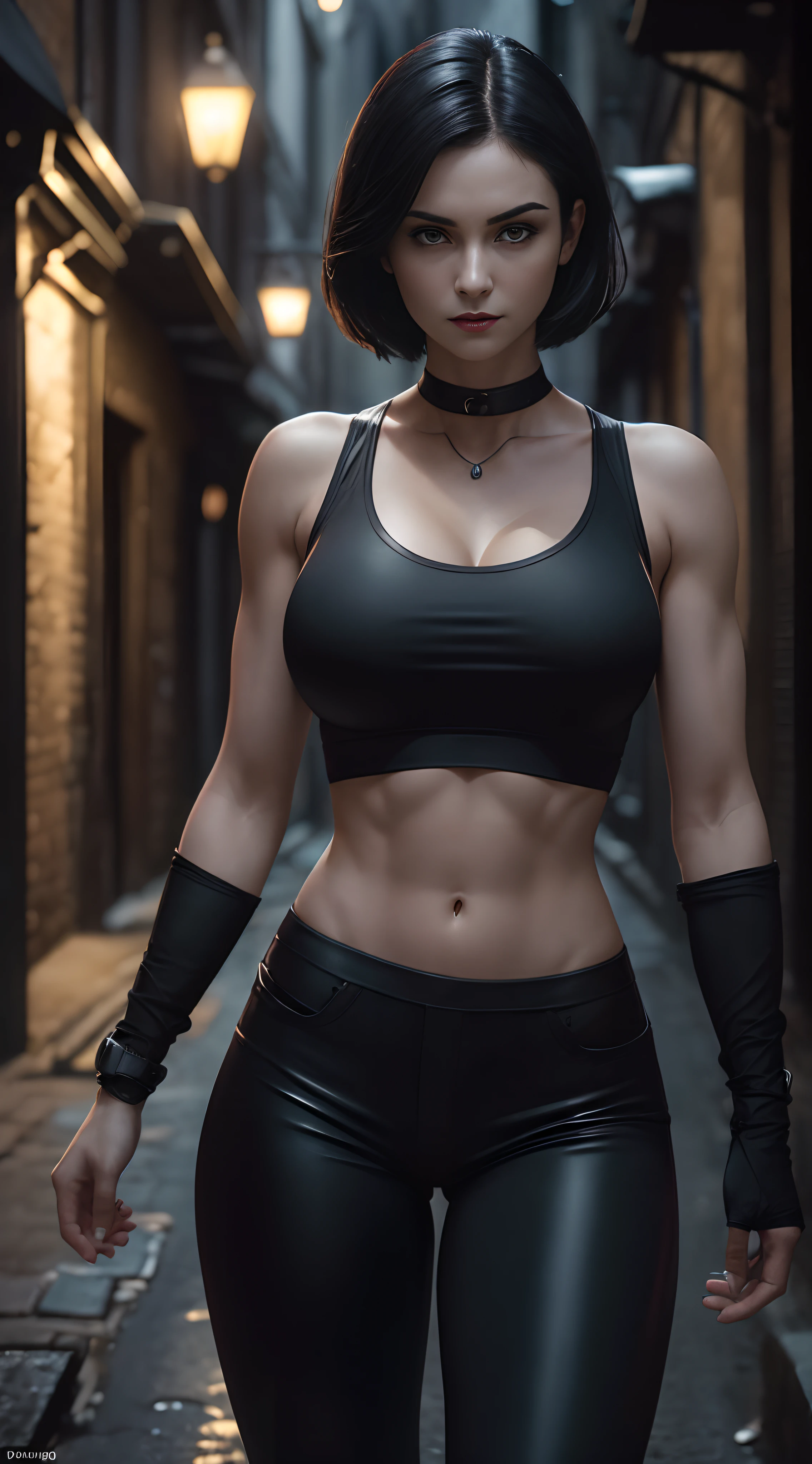 (A beautiful 25 years old British Female Vampire Mercenary:1.4), (Short Wolfcut Black Hair), (Pale Skin), (Busty Cup Size:1.2), (Athletic Body Builds:1.2), (Serious Face), (Wearing Black Tanktop and Black Tight Long Pants), (Dimly Lit City Alley at Night:1.4), (Sexy Pose:1.2), Intricate Face Detail, Intricate Hand Details, Chiaroscuro Lighting, Photorealistic Production, Cinematic Shot and Lighting, Realistic Colors, Masterpiece, Sharp Focus, Ultra Detailed, Ultrarealistic Photography, Canon EF F/1.2L 100mm Lens, Depth of Field, Incredibly Realistic Environment and Scene, Master Composition and Cinematography
