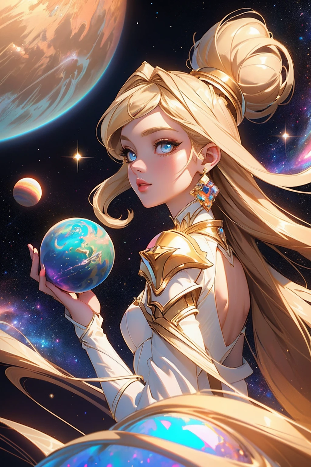 {-erro_de_anatomia:1.0} masterpiece, highest quality, (perfect face:1.1, (high detail)1.1, sweet stardust vampire , long blonde hair, opal eyes, perfectly drawn face, colorful space dress, planets detailed background, prismatic lighting, glitter, whole body, backwards, Looking back. Very sexy, with chin resting on shoulder,  holding a Venus planet in her hands