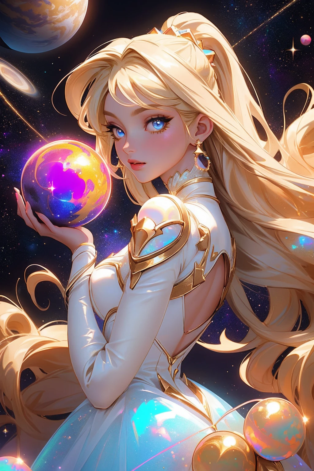 {-erro_de_anatomia:1.0} masterpiece, highest quality, (perfect face:1.1, (high detail)1.1, sweet stardust vampire , long blonde hair, opal eyes, perfectly drawn face, colorful space dress, planets detailed background, prismatic lighting, glitter, whole body, backwards, Looking back. Very sexy, with chin resting on shoulder,  holding a Venus planet in her hands