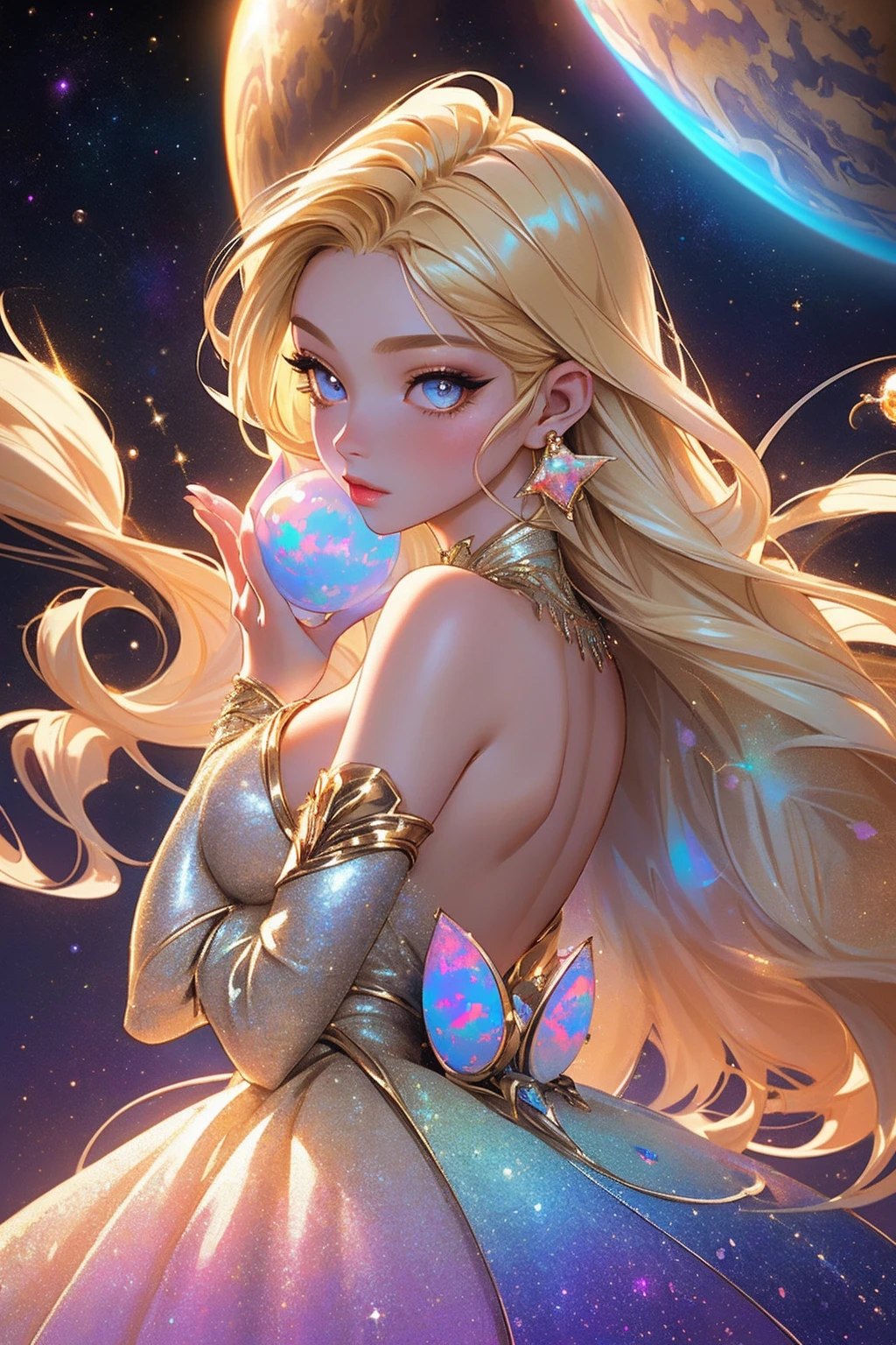 {-erro_de_anatomia:1.0} masterpiece, highest quality, (perfect face:1.1, (high detail)1.1, sweet stardust vampire , long blonde hair, opal eyes, perfectly drawn face, colorful space dress, planets detailed background, prismatic lighting, glitter, whole body, backwards, Looking back. Very sexy, with chin resting on shoulder,  holding a Venus planet in her hands