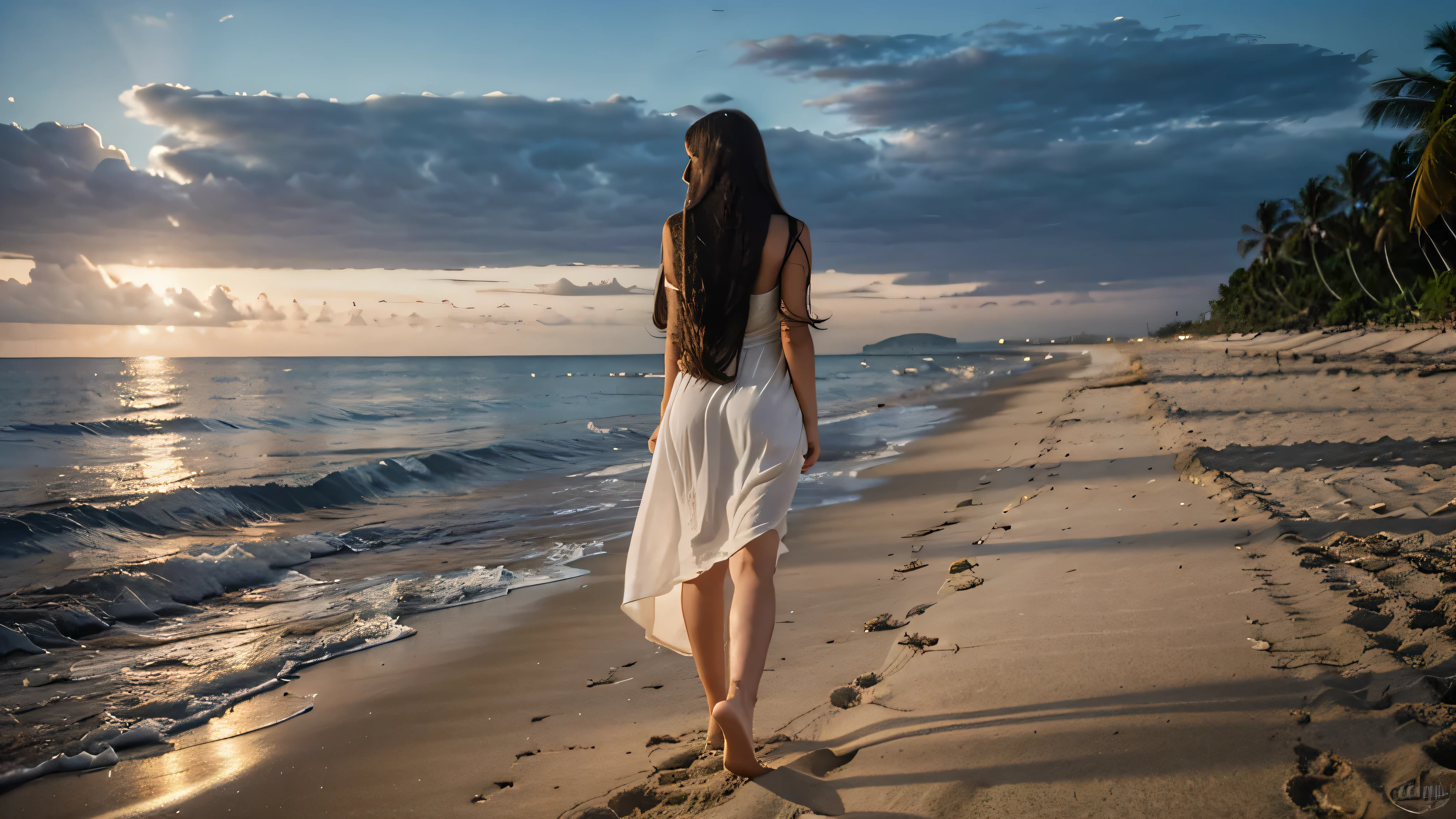 a brunette girl with fair skin and dark eyes in a white dress with long hair down to her ass walking along the beach at night barefoot