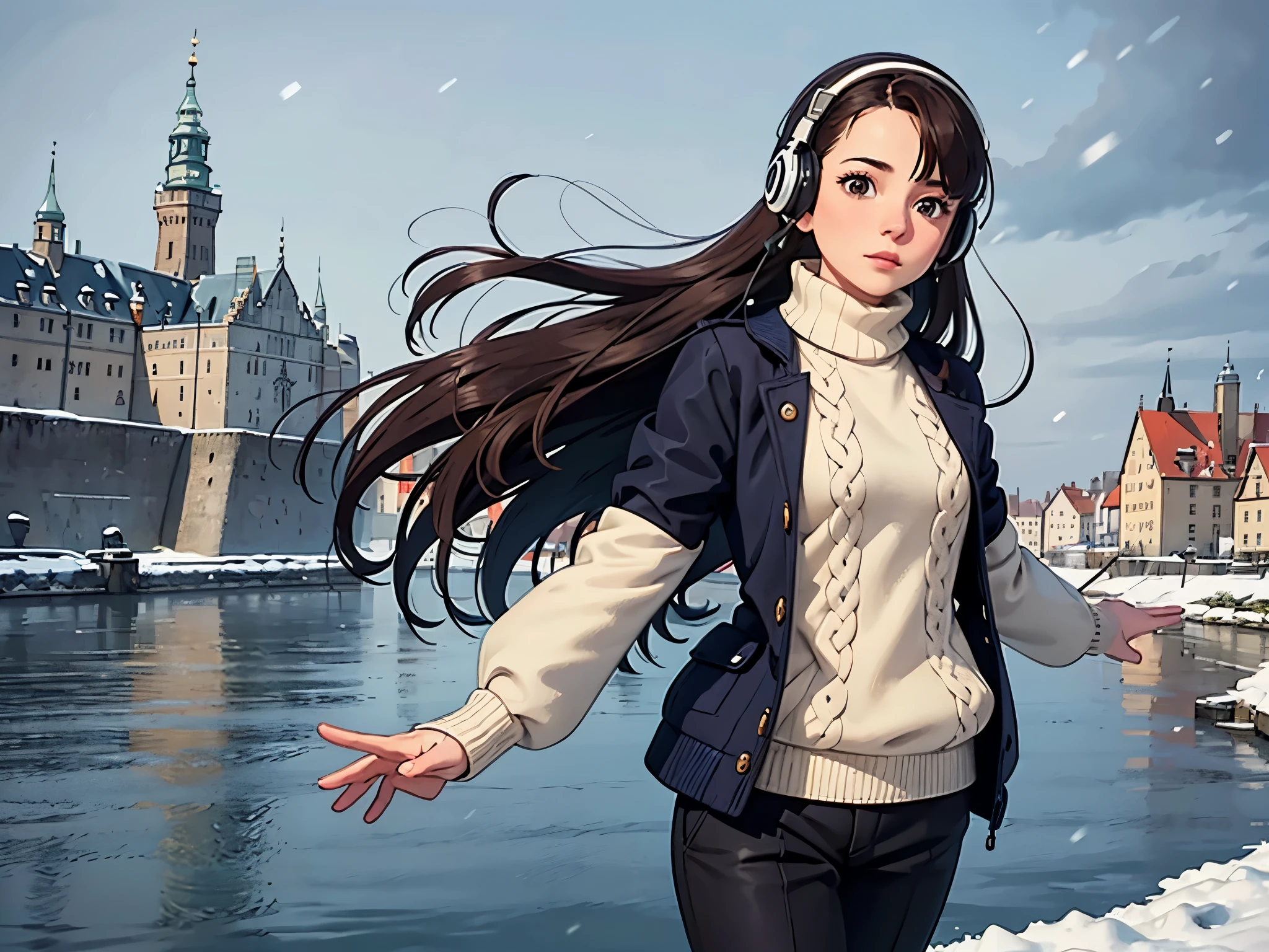 lofi relaxed one brunette girl with headphones in Kronborg Castle. winter. snowing. saturated landscape of colorful Nyhavn. travel. tourist. sweater, gloves, trousers. long hair blown by wind.