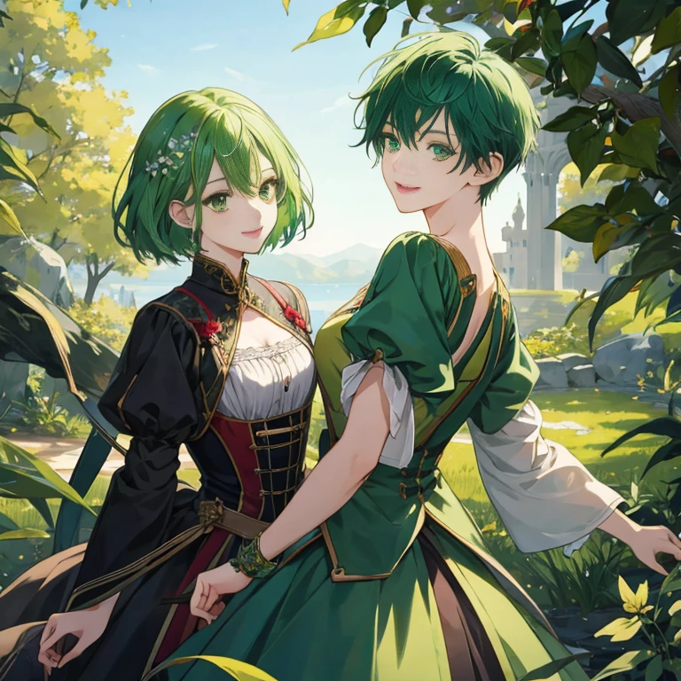 masterpiece、top-quality、超A high resolution、2D Beautiful Girl、animesque、teens girl、green colored hair、short-haired、Vampire-like figure、Beautiful yellow-green eyes、The clothes are also depicted in detail、Eyes are depicted in detail、The face is depicted in detail、sorcerer、soio、Gentle smile、hair adornments、animesque、illustratio