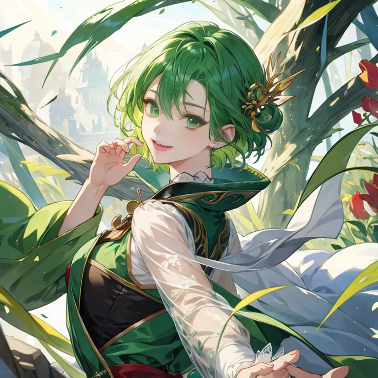 masterpiece、top-quality、超A high resolution、2D Beautiful Girl、animesque、s girl、green colored hair、short-haired、Vampire-like figure、Beautiful yellow-green eyes、The clothes are also depicted in detail、Eyes are depicted in detail、The face is depicted in detail、sorcerer、soio、Gentle smile、hair adornments、animesque、illustratio