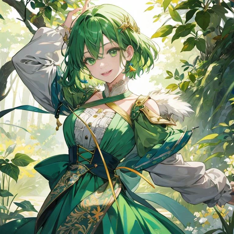 masterpiece、top-quality、超A high resolution、2D Beautiful Girl、animesque、teens girl、green colored hair、short-haired、Vampire-like figure、Beautiful yellow-green eyes、The clothes are also depicted in detail、Eyes are depicted in detail、The face is depicted in detail、sorcerer、soio、Gentle smile、hair adornments、animesque、illustratio