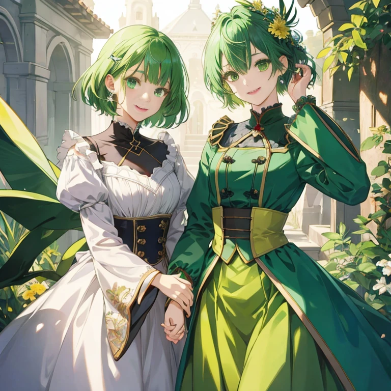 masterpiece、top-quality、超A high resolution、2D Beautiful Girl、animesque、teens girl、green colored hair、short-haired、Vampire-like figure、Beautiful yellow-green eyes、The clothes are also depicted in detail、Eyes are depicted in detail、The face is depicted in detail、sorcerer、soio、Gentle smile、hair adornments、animesque、illustratio