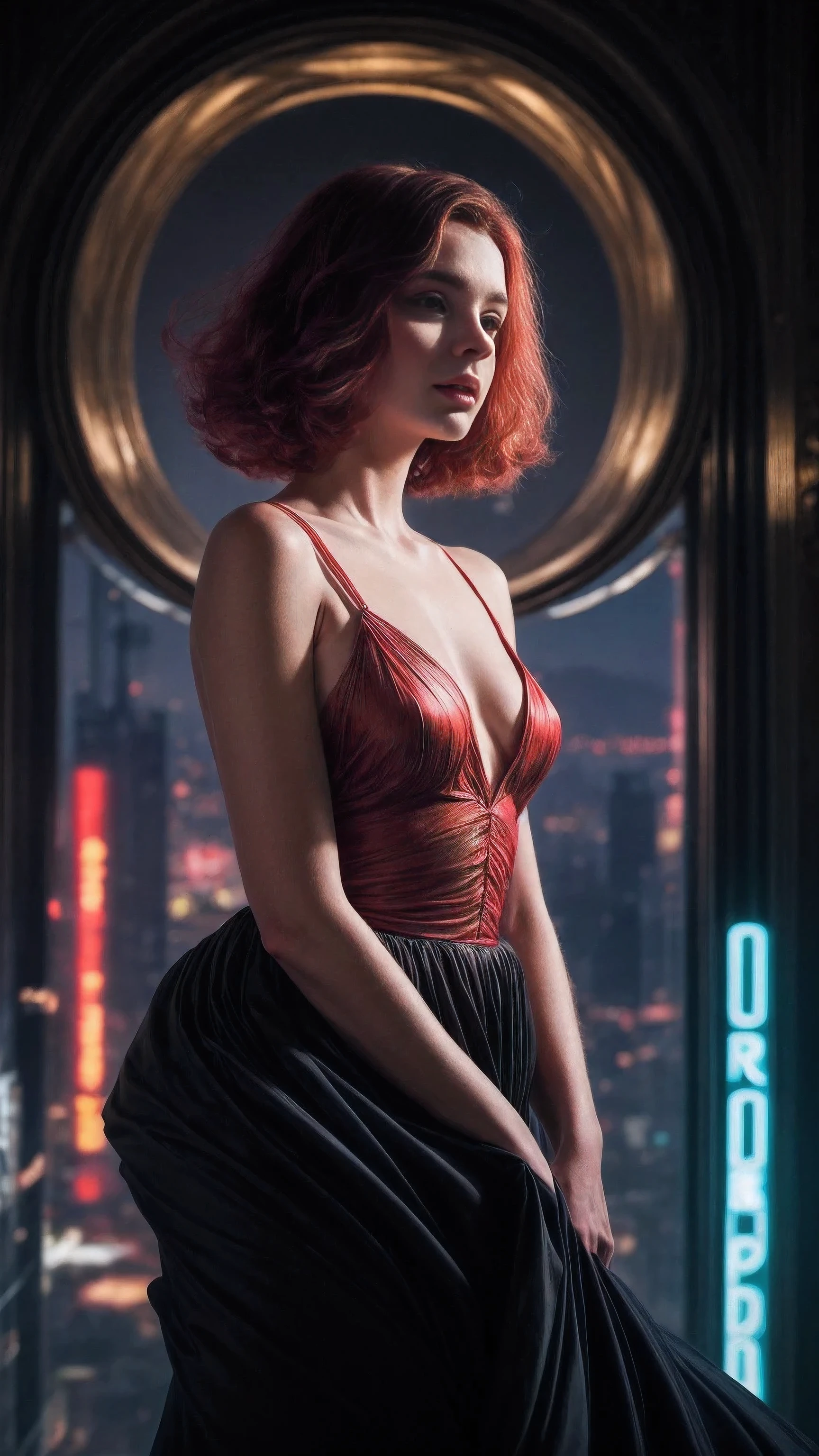 Bob Pepper, Conrad Roset, A photo of a woman with vibrant short red hair, in a flowing dress that combines Art Nouveau and fantasy elements, overlooking a breathtaking alien cityscape with futuristic architecture. The city is aglow with neon lights. Taken with a dreamy, ethereal quality, X prompt, hd quality, natural look