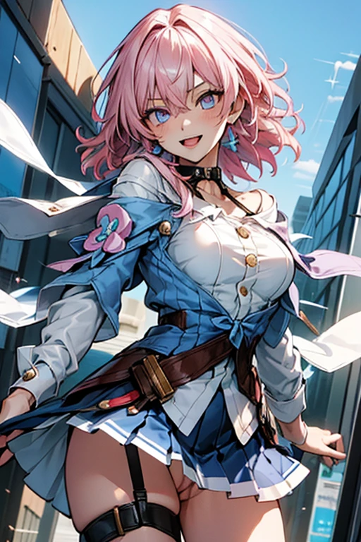 (masterpiece), best quality, expressive eyes, perfect face, 1 girl, solo, march seventh, blue eyes, hair between eyes, medium hair, pink eyes, pink hair, two-tone eyes, ankle boots, archery shooting glove, badge, bare legs, black choker, black corset, black footwear, black gloves, blue jacket, blue skirt, boots, button badge, buttons, choker, collarbone, corset, earrings, flower ornament, gloves, jacket, jewelry, long sleeves, miniskirt, partially fingerless gloves, pleated skirt, shirt, single earring, single glove, skirt, thigh strap, tied jacket, underbust, white shirt, , ((completely nude)), ((breasts and areolas exposed)), ((vagina and clitoris and vulva exposed)),smiling, city, background, futuristic city, standing, upper body, portrait, looking at the viewer