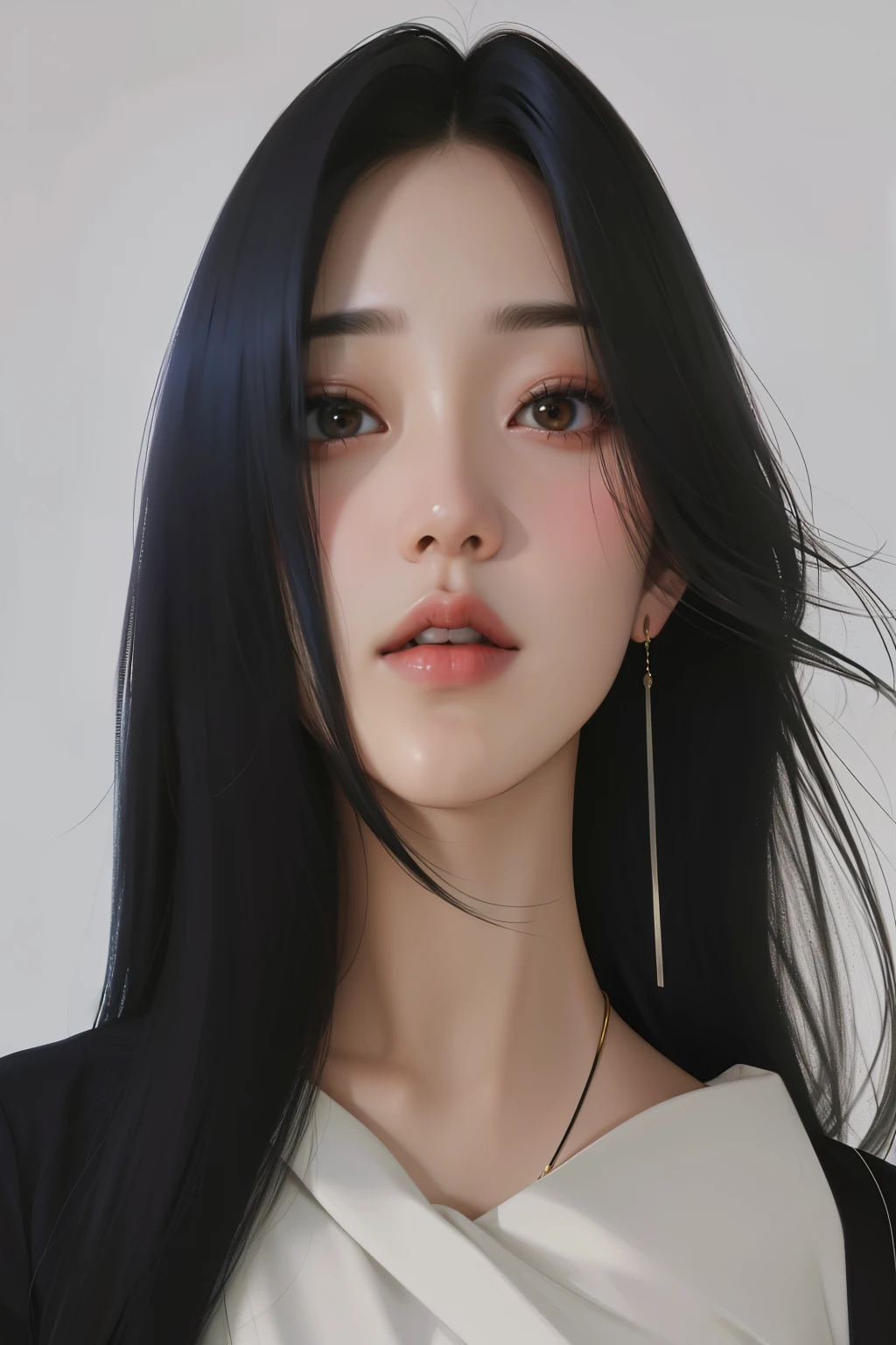 um close up de uma mulher com longos cabelos pretos vestindo uma camisa branca, jaeyeon nam, Jinyoung Shin, Heonhwa Choe, Kim Doyoung, Lee Ji-eun, Lee Ji-eun, taejune kim, estacionar a partir de-min, retrato de jisoo blackpink, Retrato de Jossi do Blackpink, Hwang se-é, gongbi, Seseon Yoon