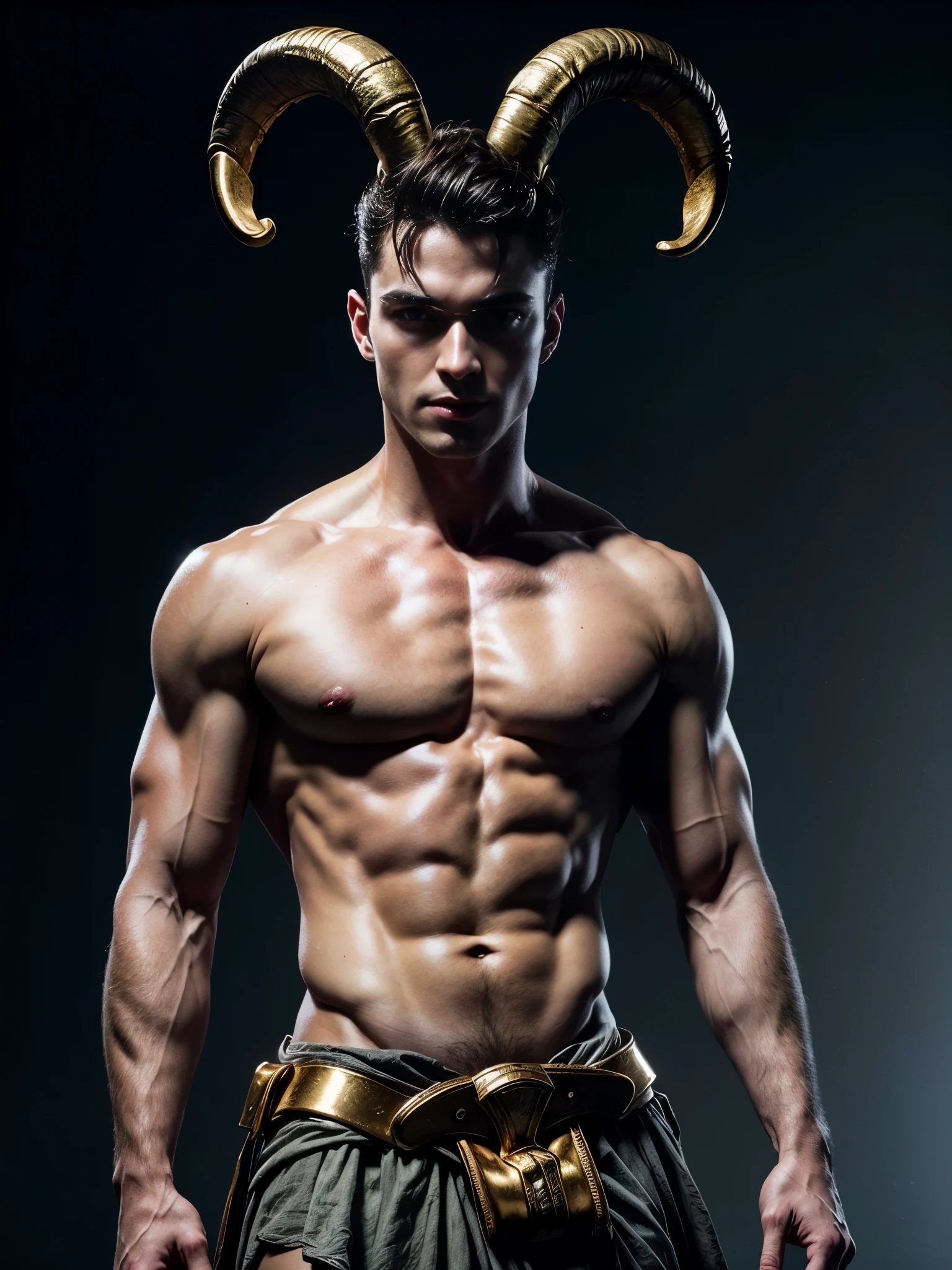 Photorealistic, ((best quality)), ((masterpiece)), (detailed), 1boy, 8k, high detailed, ultra-detailed, Stylish Pose, real skin texture, dark cinematic lighting, 24 year-old british male model, handsome italian, cute looking, divine look, powerful, light blue eyes, (personification of Aries, the zodiac sign:1.4), Zodiac sign, aries, (wild sheep horns coming out of his hairline:1.2), buzz cut hair, shaved face, white pale skin, amazing physic, intense blue eyes, dry messy hair, short brown wavy messy hair, strong jawline, masculine, muscular, defined fit body, hairless chest, shirtless, topless, barechested, half naked, pantless, sinister aesthetic, black storm clouds,(rocky mountains:1.5), walking towards the camera, isolated, in the middlea nowhere, night dark, barelegged, barechest, barefoot, antique linen spartan loincloth , white linen antique draped cloth skirt, golden chain in roman skirt,,,, dim light, (dark background:1.2), cinematic lighting, Depth of field, award-winning photography, elegant, hyperrealistic, octane render, unreal, high definition, 8k resolution, highly detailed, 8k uhd, professional lighting, photon mapping, radiosity, physically-based rendering