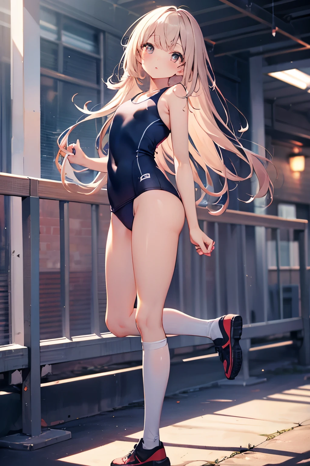 High quality、highest quality、complete limbs、Ultra high definition、Shining eyes、full finger、slender beauty、high school girl、Writhing expression、Fuzi、Wearing a school swimsuit、shiny skin、Black knee high、standing、put your hands behind your back