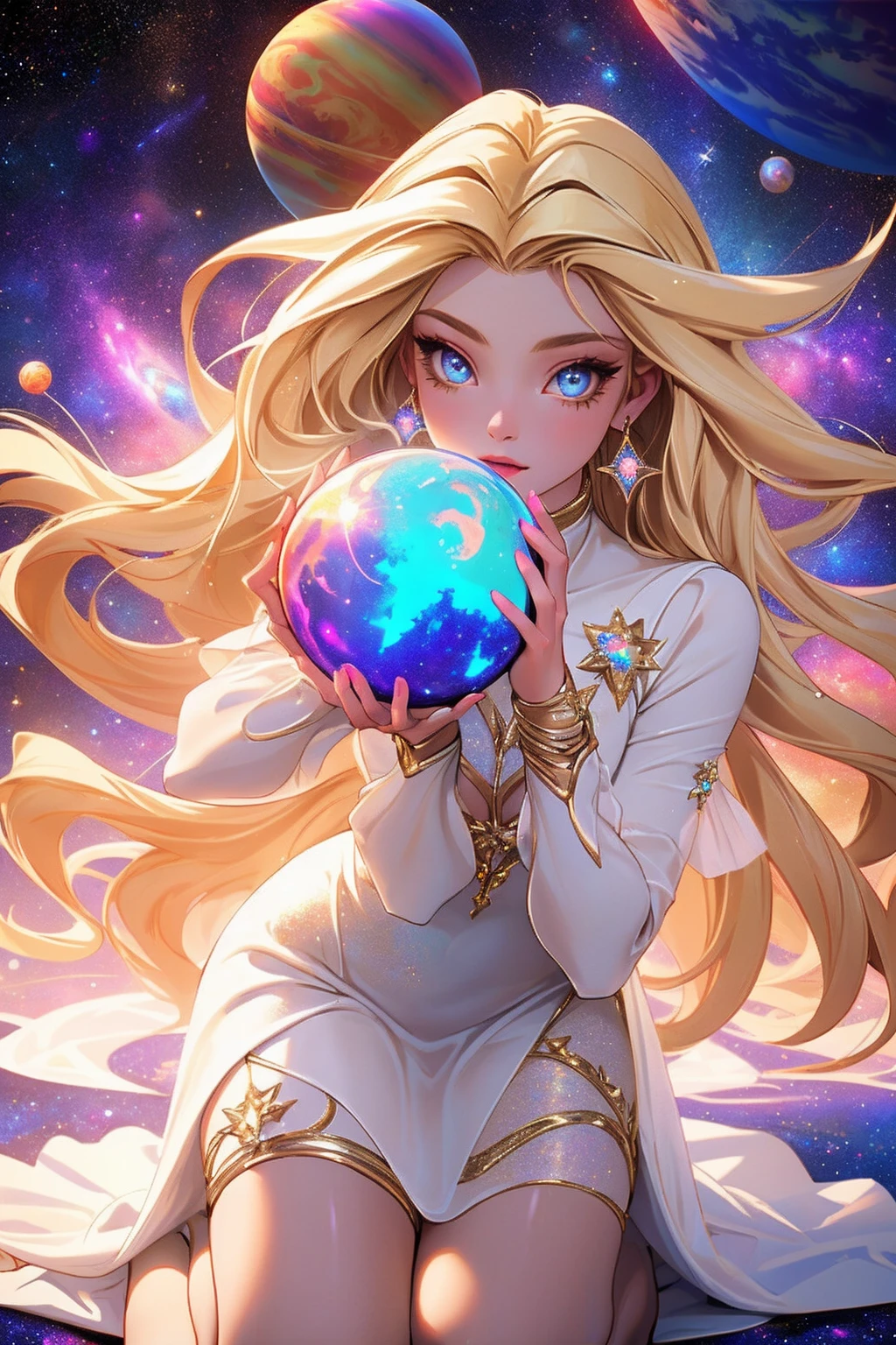 {-erro_de_anatomia:1.0} masterpiece, highest quality, (perfect face:1.1, (high detail)1.1, sweet stardust vampire , long blonde hair, opal eyes, perfectly drawn face, colorful space dress, planets detailed background, prismatic lighting, glitter, whole body. Very sexy, kneeling holding a venus planet in her hands