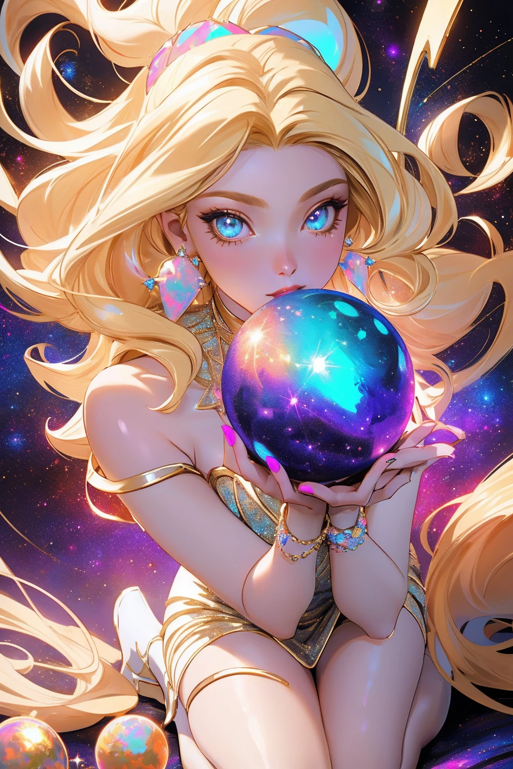 {-erro_de_anatomia:1.0} masterpiece, highest quality, (perfect face:1.1, (high detail)1.1, sweet stardust vampire , long blonde hair, opal eyes, perfectly drawn face, colorful space dress, planets detailed background, prismatic lighting, glitter, whole body. Very sexy, kneeling holding a venus planet in her hands