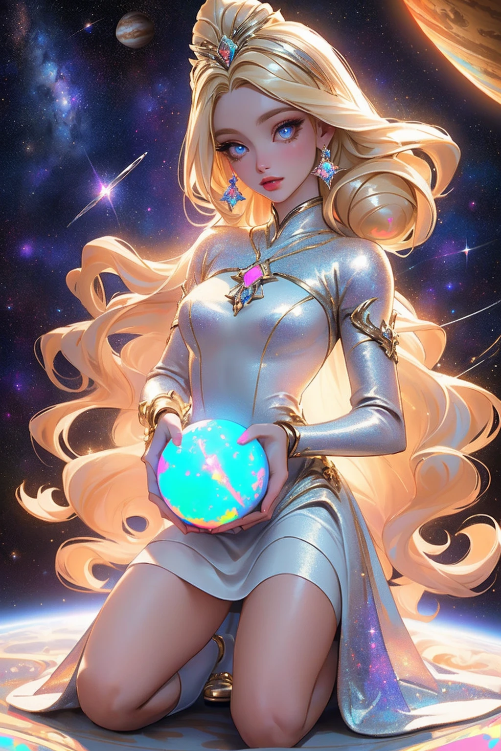 {-erro_de_anatomia:1.0} masterpiece, highest quality, (perfect face:1.1, (high detail)1.1, sweet stardust vampire , long blonde hair, opal eyes, perfectly drawn face, colorful space dress, planets detailed background, prismatic lighting, glitter, whole body. Very sexy, kneeling holding a venus planet in her hands