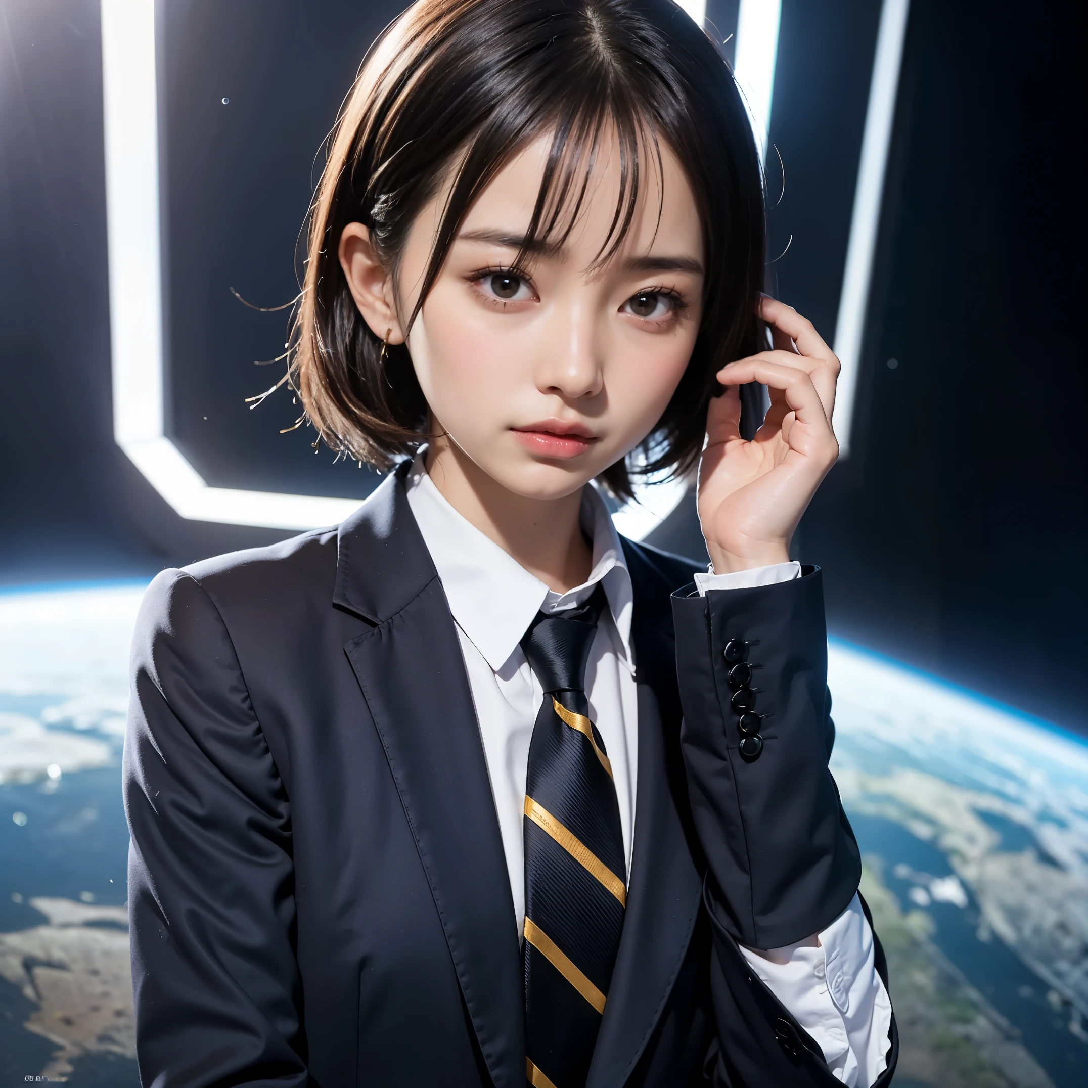 proud woman、surrounded by men、plump、Shimenawa around neck、Hands and feet are tied to the beam with ropes、rampage、angry look、detailed face、detailed hands、detailed legs、(pieces fly, highest quality:1.2), 8K, official art, chest、cute、wearing a suit、chestが見える、 planet, Trending on cgstation, 太陽系外planet, official art, mar planet, Sakimi-chan, Five Fingers Photos'body of, Full body Esbian、suit beauty、cool look、 (masterpiece) (highest quality) (be familiar with) (8K) (movie lighting) (sharp focus) (complicated)black hair、、小さいchest、laughter、incredibly stupid, (beautiful girl, cute face, turn back, gold ornaments in hair、wearing a suit、chestのクローズアップ, wearing a suit, short sleeve, gardenia, Violacea, space , looking at the viewer, film grain, chromatic aberration, オッパイsharp focus, face light, dynamic lighting, cinematic lighting, be familiar withな目と顔, (gray tie、1 part:1.2)