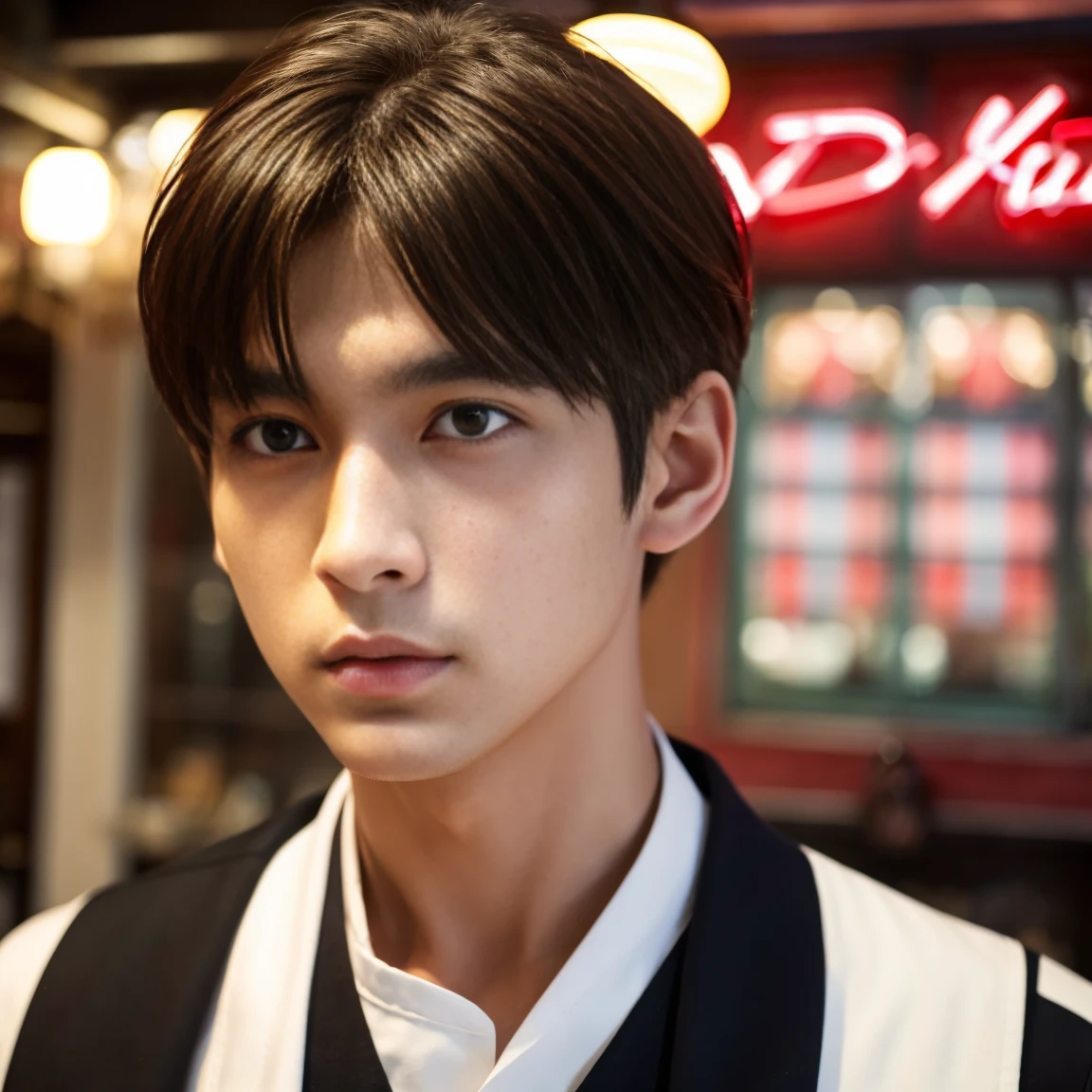 male。cool。detailed face。front。looking at the camera。Hamburger parlor。