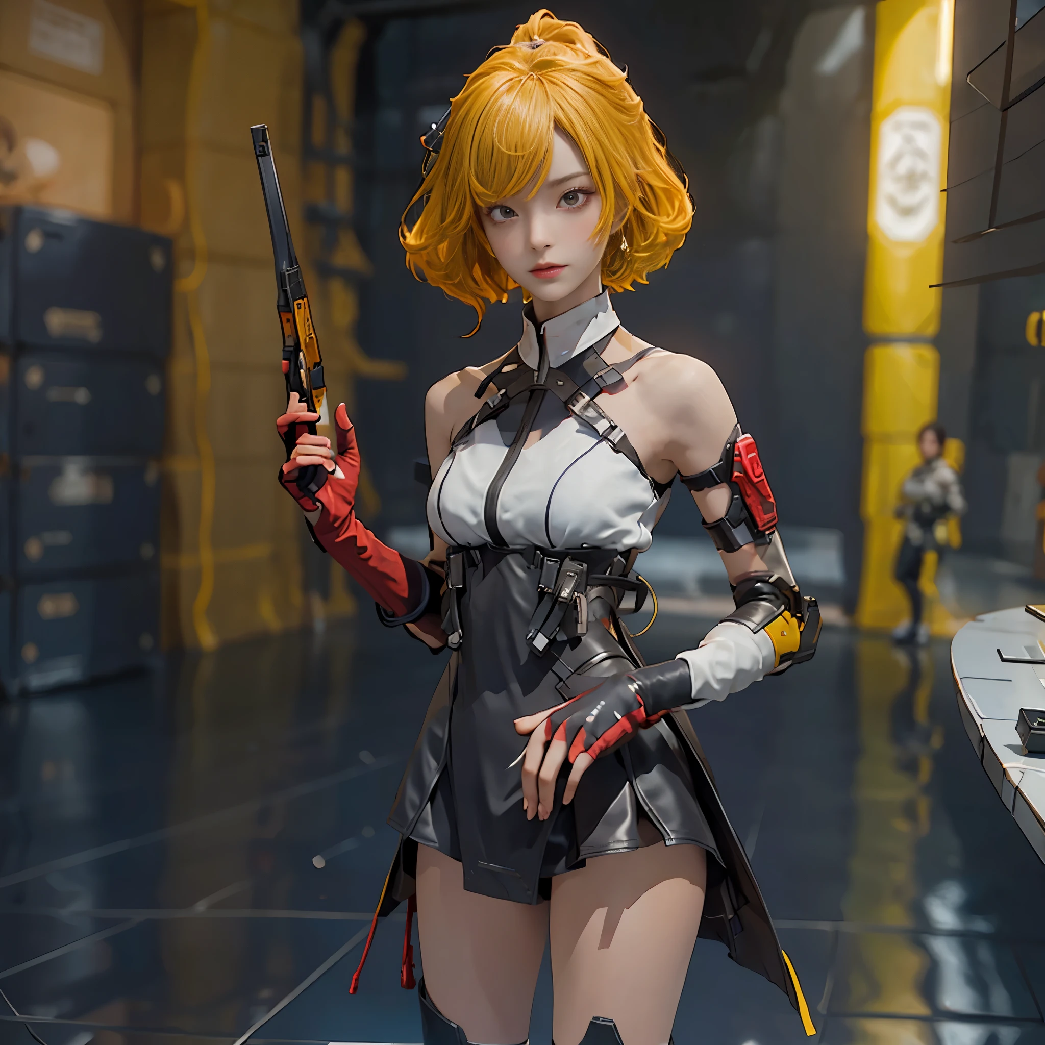 The alone young short blond hair with red eyes woman as the lone character, stand alone holding a sci-fi shotgun , sci-fi city , High detail mature face, combat suit, white glove, black boot, high res, ultra sharp, She stands confidently in the center of the poster，Fighting a enemy like mechanic cyborg，a determined expression on her face。The background is dark and gritty，There is a sense of danger and a strong feeling。The text is bold and eye-catching，With catchy slogans，Adds to the overall drama and excitement。The color palette is dominated by dark colors，Dotted with bright colors，Make the poster dynamic and visually striking，(Magazines:1.3), (Cover-style:1.3), Fashion, vibrant, Outfit, posing on a, Front, rich colorful，Background with，element in，self-assured，Expressing the，halter，statement，Attachment，A majestic，coil，Runt，Touching pubic area，Scenes，text，Cover of a，boldness，attention-grabbing，titles，Fashion，typeface，，Best quality at best，Hyper-detailing，8K ，hyper HD