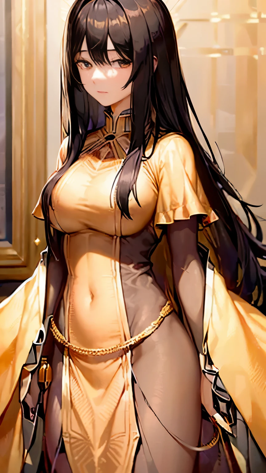 black hair, Surrealism, 8k, super detail, UHD, masterpiece, ccurate, anatomically correct, textured skin, super detail, high details, high quality, best quality, 8k，Beautiful woman，(golden dress:1.5)，Glittering costumes，Princess，western castle