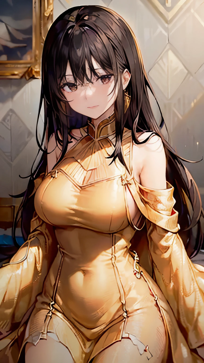 black hair, Surrealism, 8k, super detail, UHD, masterpiece, ccurate, anatomically correct, textured skin, super detail, high details, high quality, best quality, 8k，Beautiful woman，(golden dress:1.5)，Glittering costumes，Princess，western castle