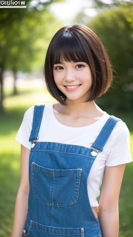 high school girl,hairstyle(Short length,short hair,Bangs Patsun),short hair,cute,girly,adorable,look forward,accurate and perfect face,Super detailed,realistic,correct anatomy,Overalls clothing,big breasts,body whole,whole body,whole body(thin),skin that looks real,beautiful skin,realistic textured skin,indoor,soft light,Professional Lite,smile,Pure